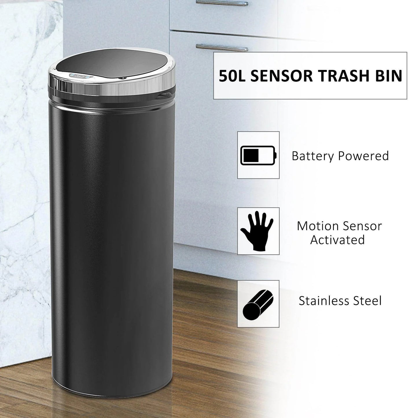 50L black stainless steel sensor trash bin with motion activation and battery power in modern kitchen