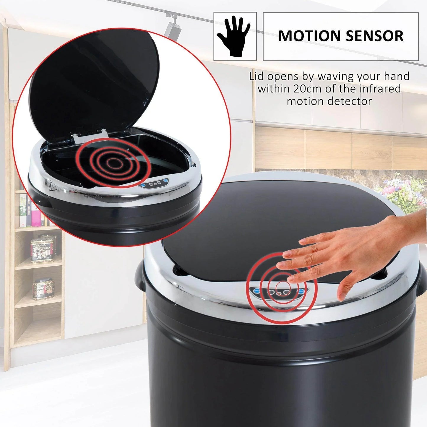 Black stainless steel motion sensor trash can with lid opening by hand wave in modern kitchen