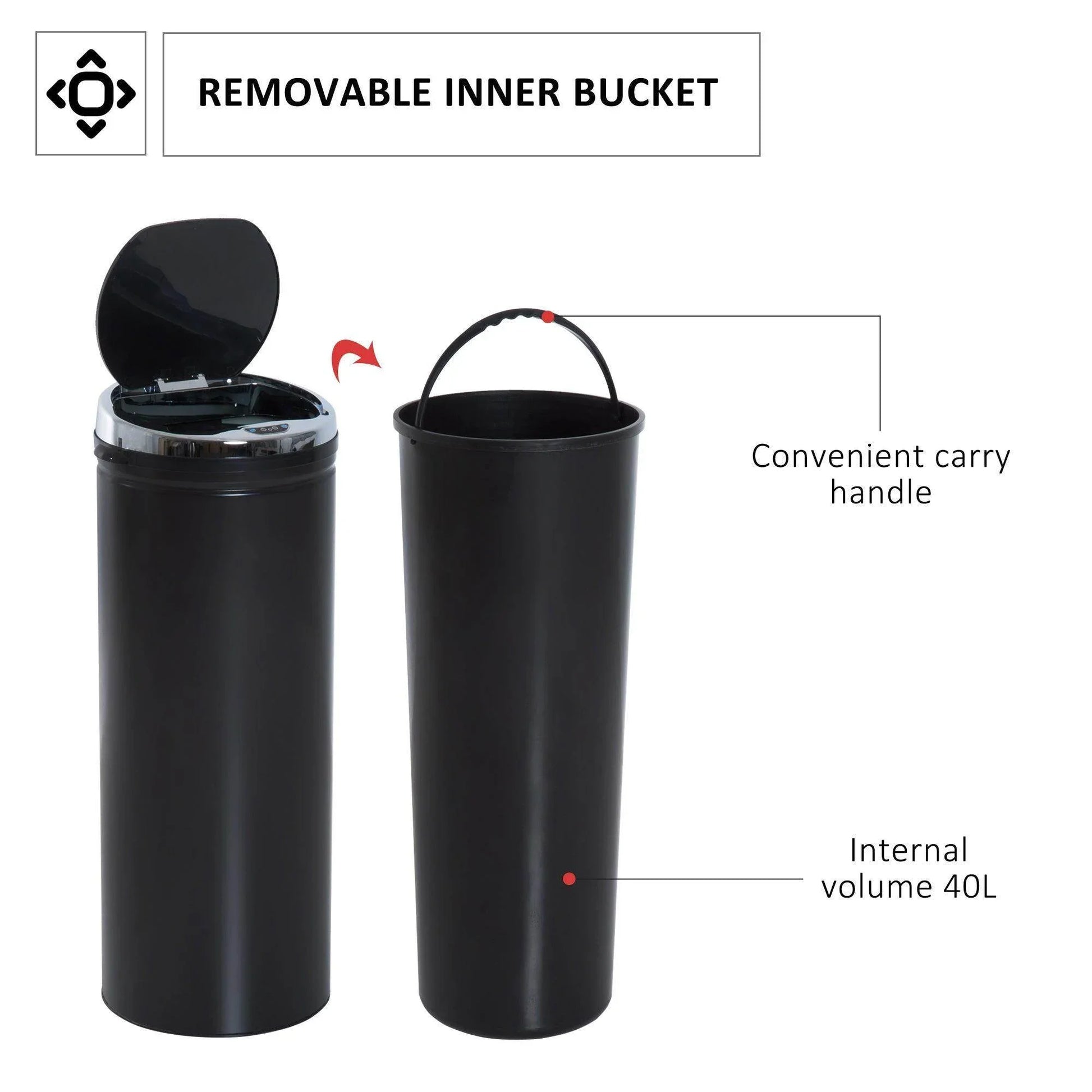 Black stainless steel touchless sensor trash can with removable inner bucket and 40L capacity
