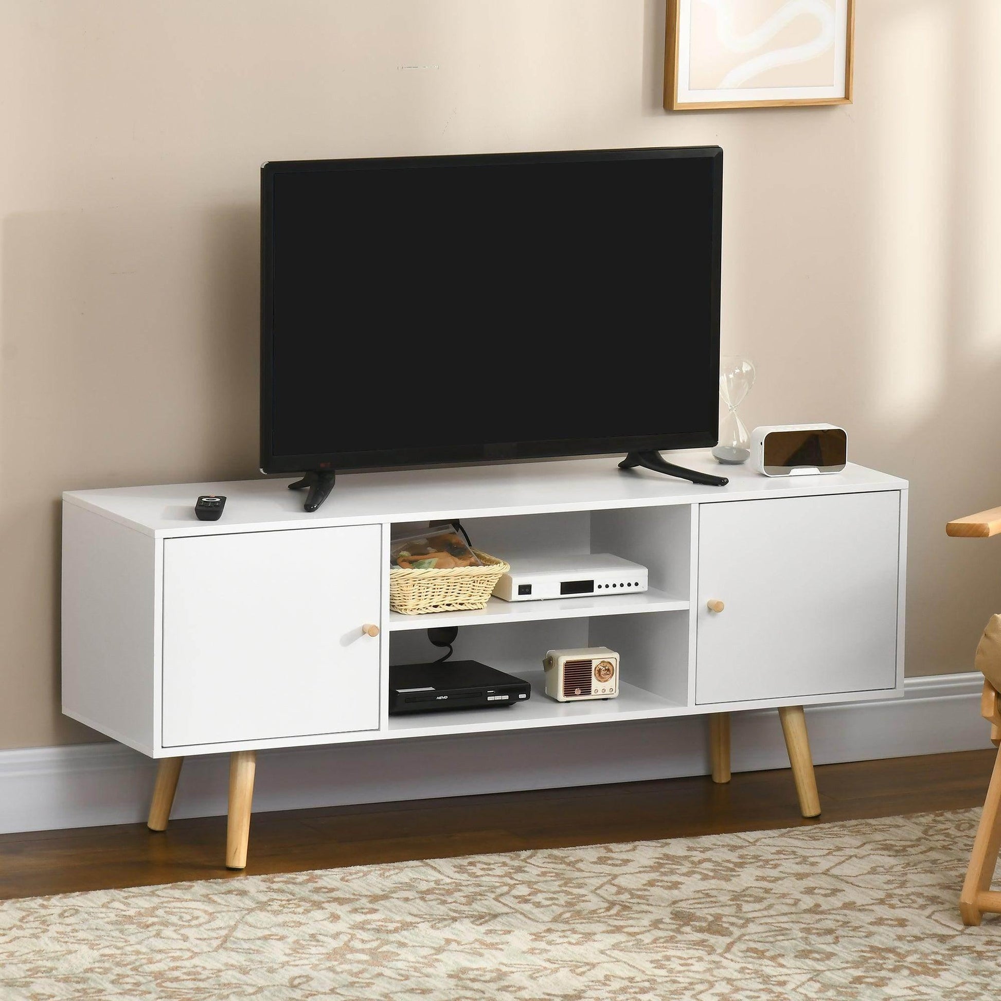 HOMCOM 55 TV Stand with Storage and Wood Legs - White - ALL4U RETAILER LTD