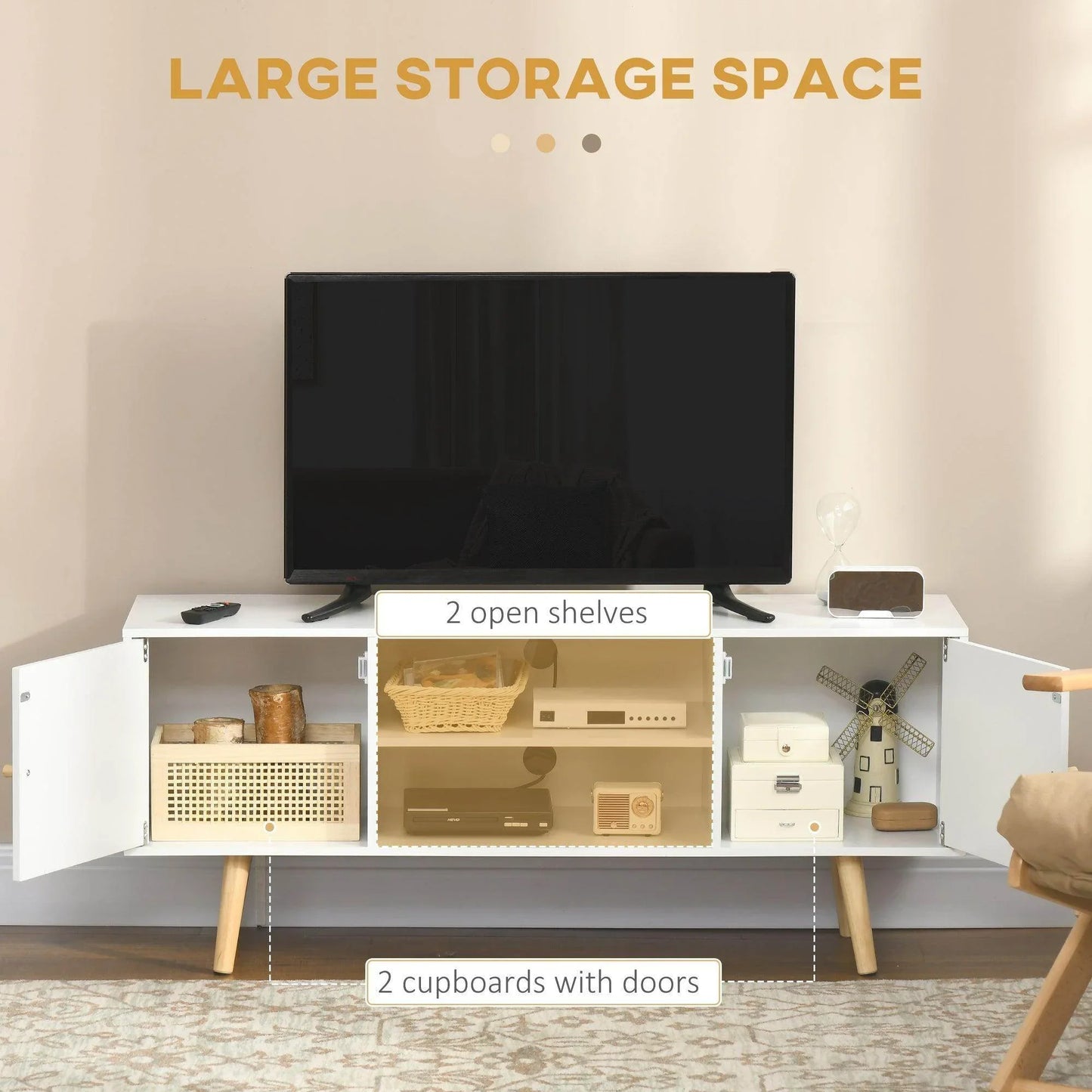 HOMCOM 55 TV Stand with Storage and Wood Legs - White - ALL4U RETAILER LTD
