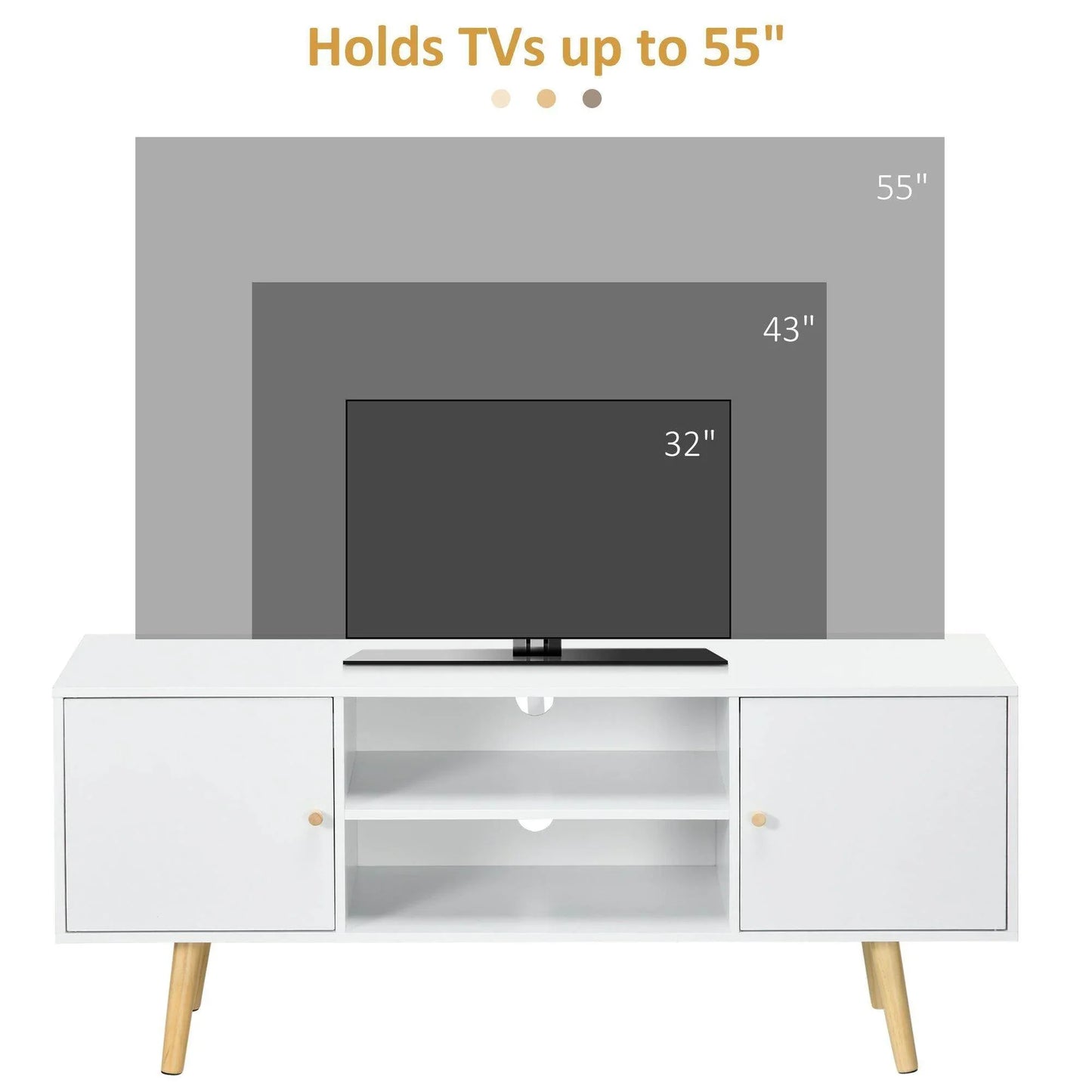 HOMCOM 55 TV Stand with Storage and Wood Legs - White - ALL4U RETAILER LTD