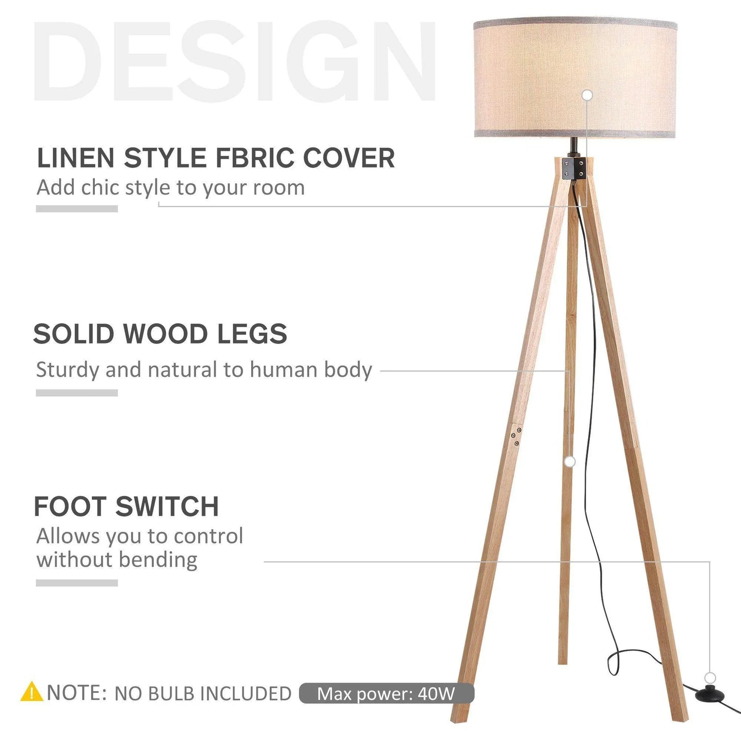 HOMCOM 5FT Tripod Floor Lamp - Beige - ALL4U RETAILER LTD