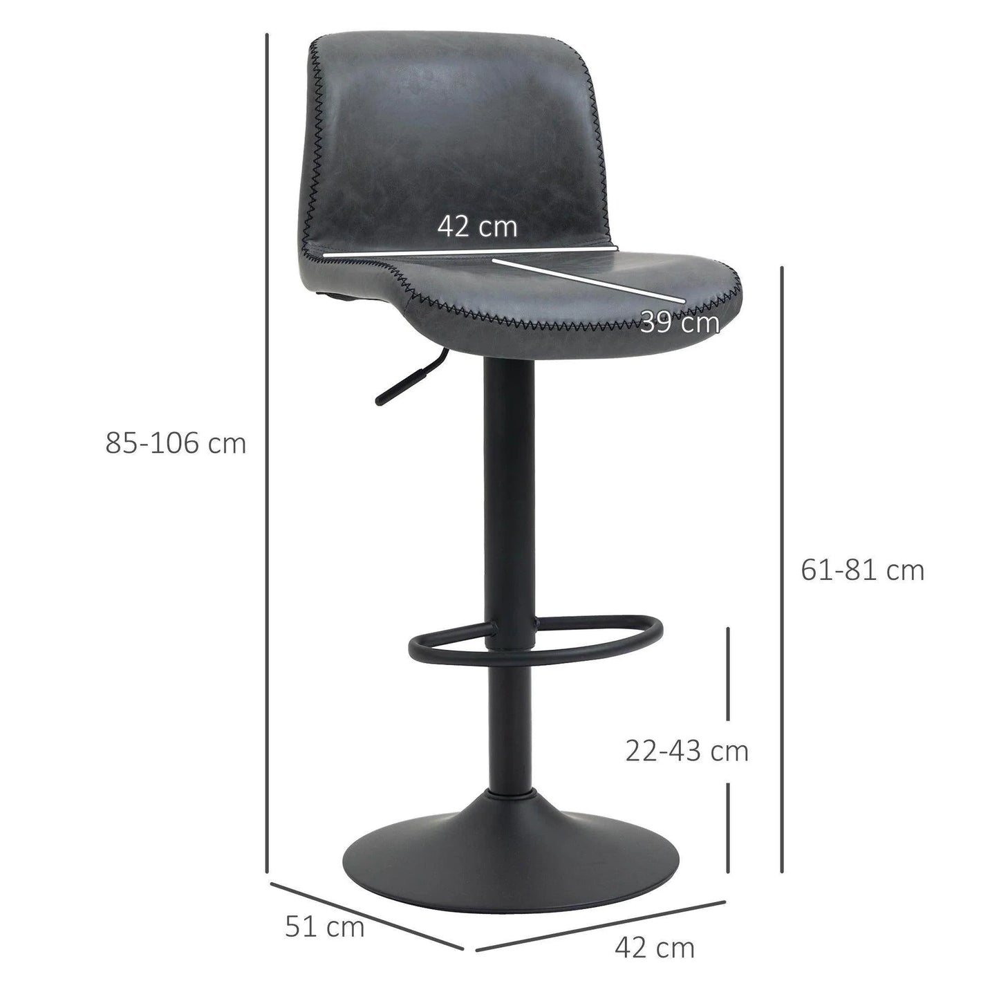 HOMCOM Adjustable Height Bar Stool - Dark Grey - ALL4U RETAILER LTD