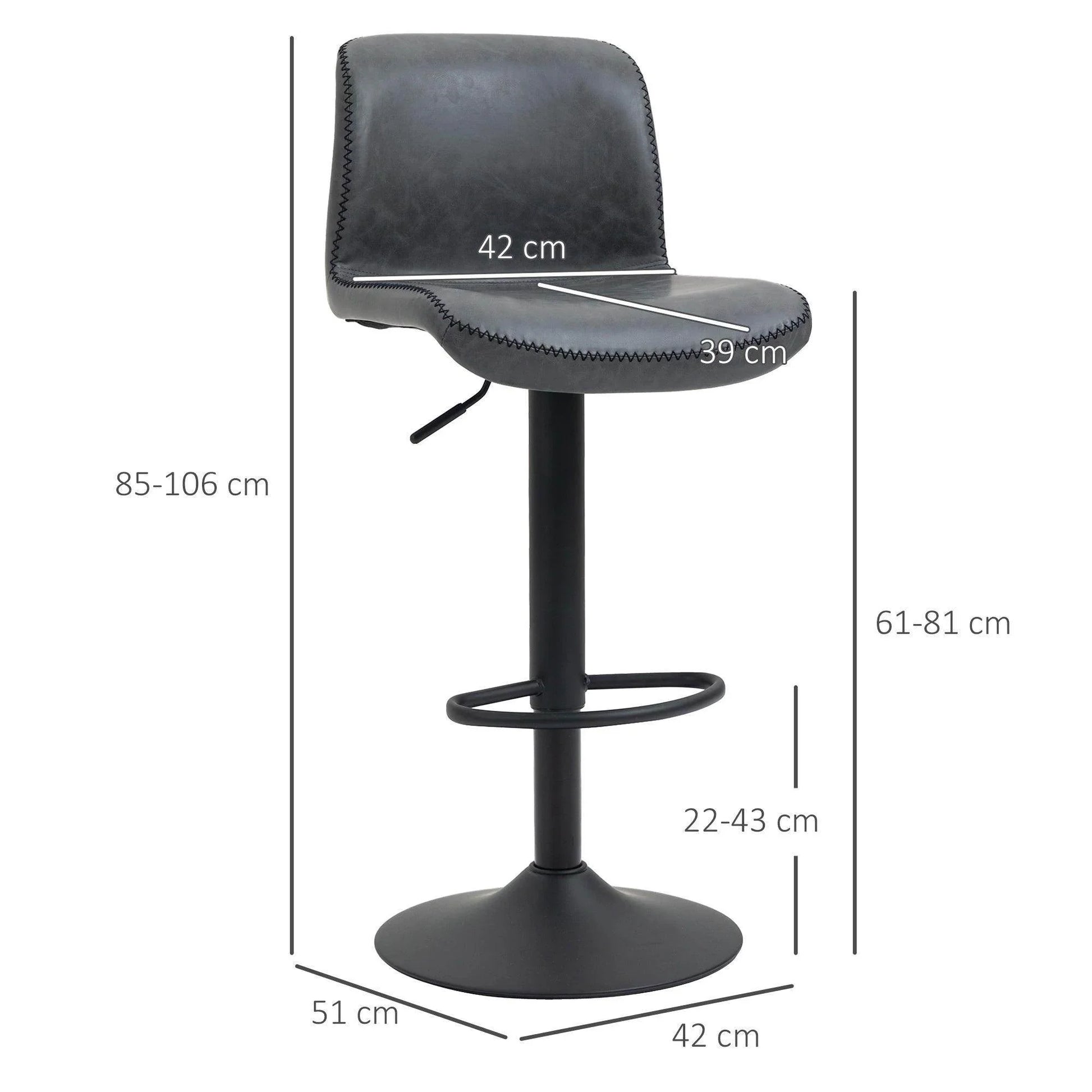 HOMCOM Adjustable Height Bar Stool - Dark Grey - ALL4U RETAILER LTD