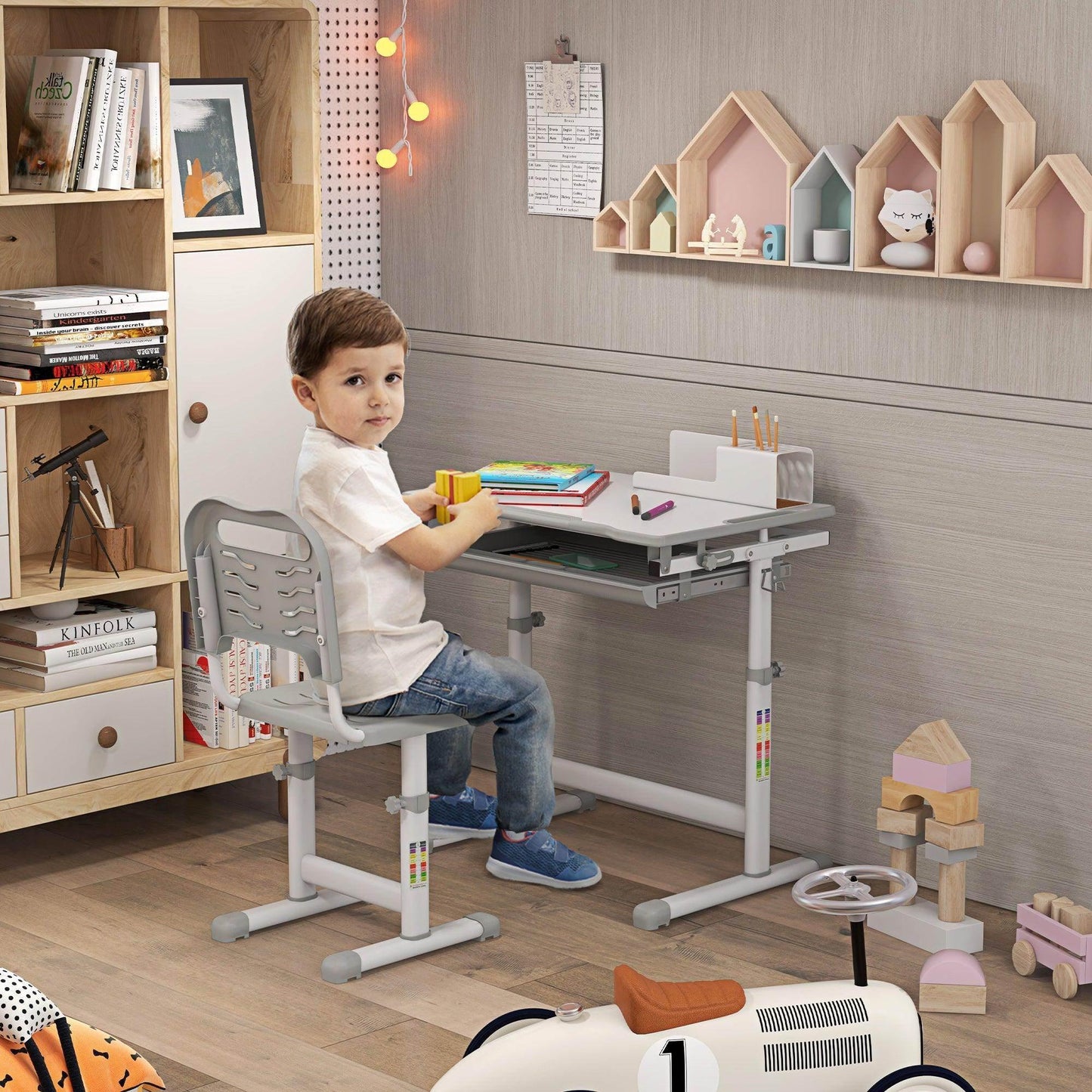 HOMCOM Adjustable Kids Study Table and Chair Set - Grey - ALL4U RETAILER LTD