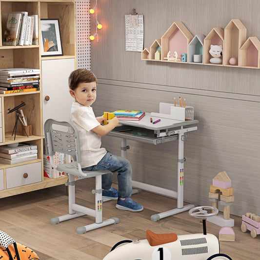 HOMCOM Adjustable Kids Study Table and Chair Set - Grey - ALL4U RETAILER LTD