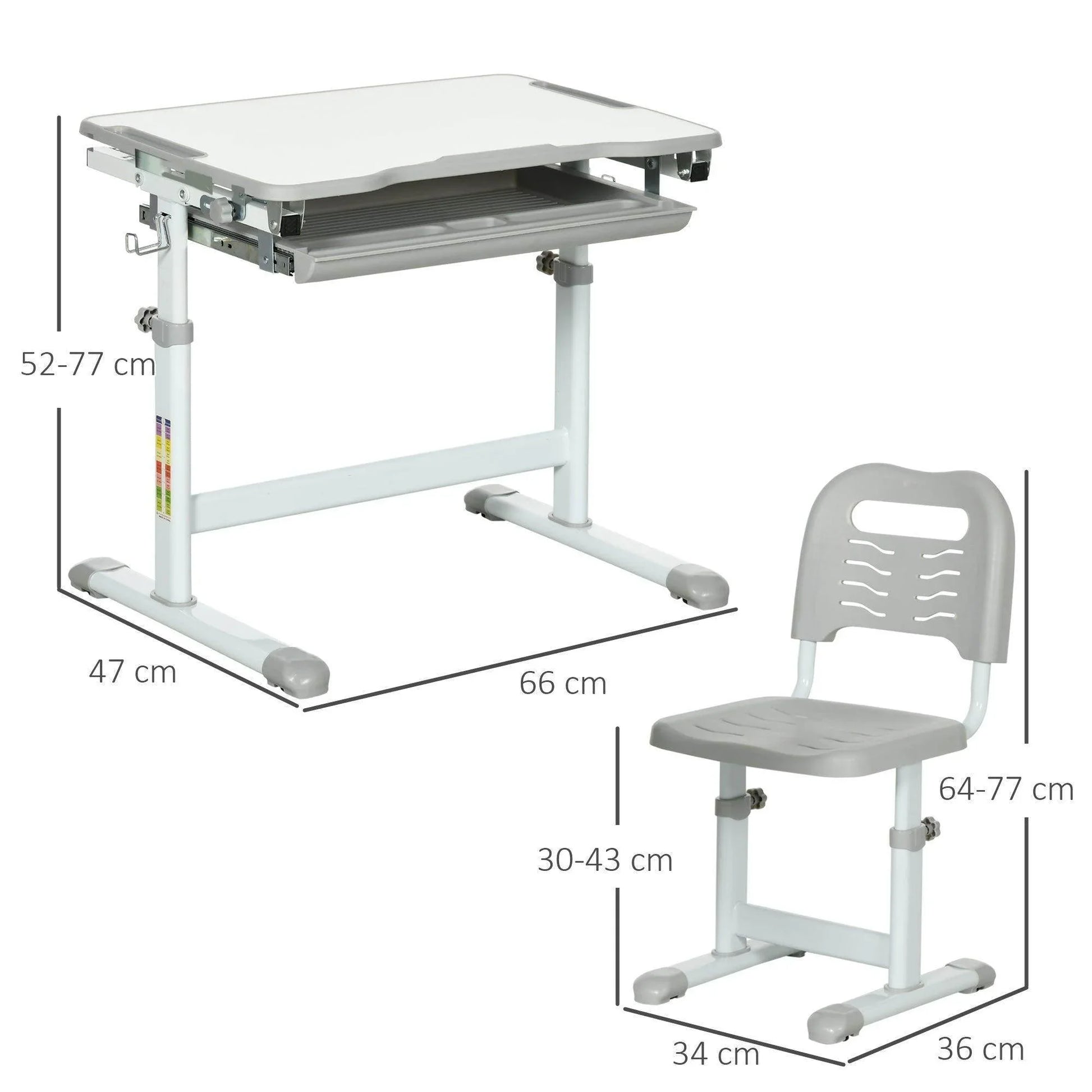 HOMCOM Adjustable Kids Study Table and Chair Set - Grey - ALL4U RETAILER LTD