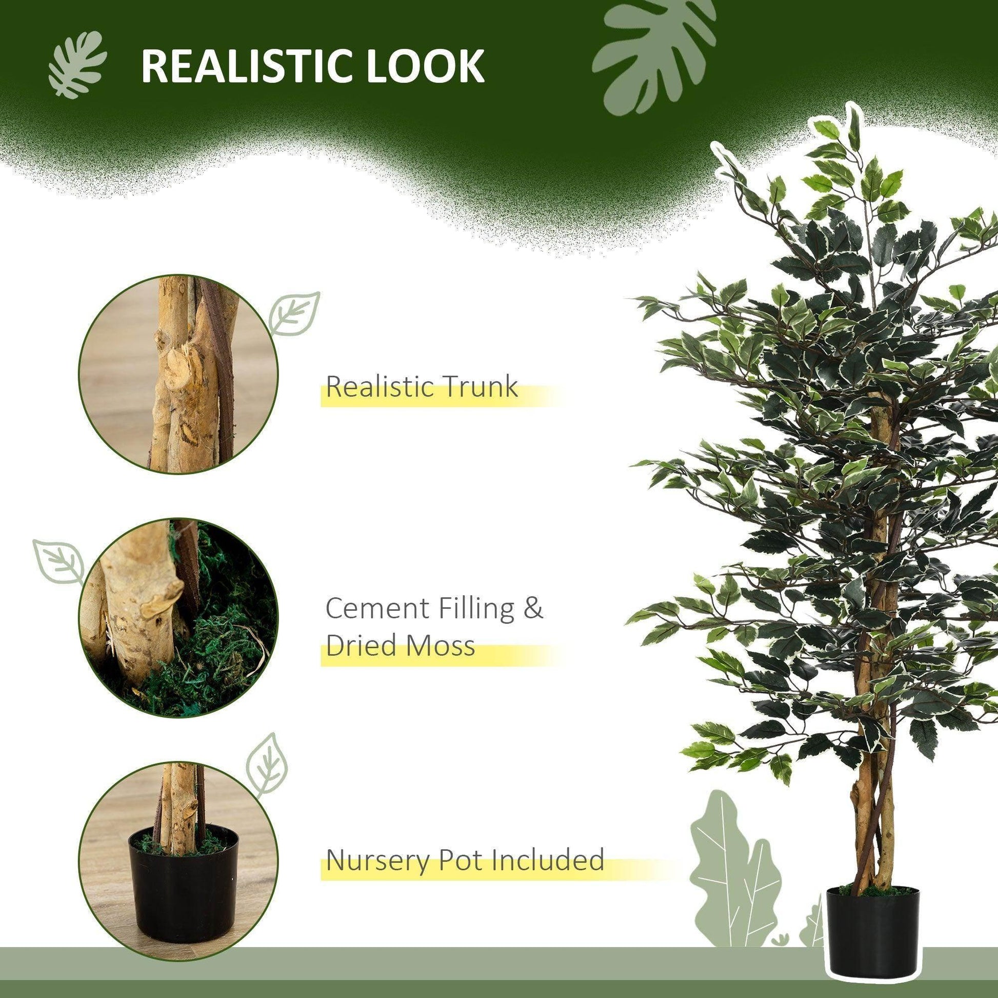 HOMCOM Artificial Ficus Tree with Lifelike Leaves and Natural Trunks Green - ALL4U RETAILER LTD