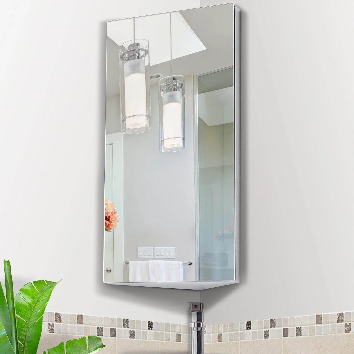 Modern rectangular bathroom mirror storage cabinet with single door mounted on beige tiled wall
