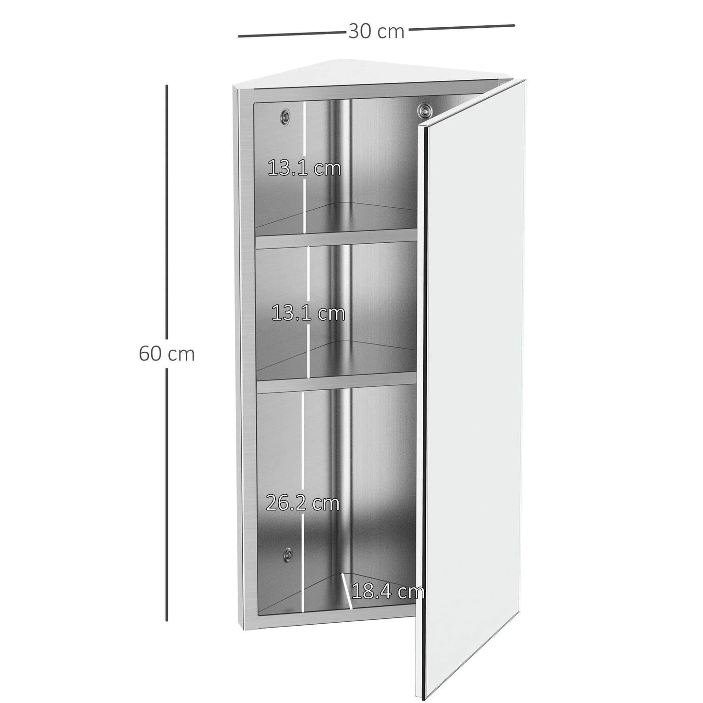 Corner bathroom mirror storage cabinet with single door and three shelves, stainless steel, 60x30 cm