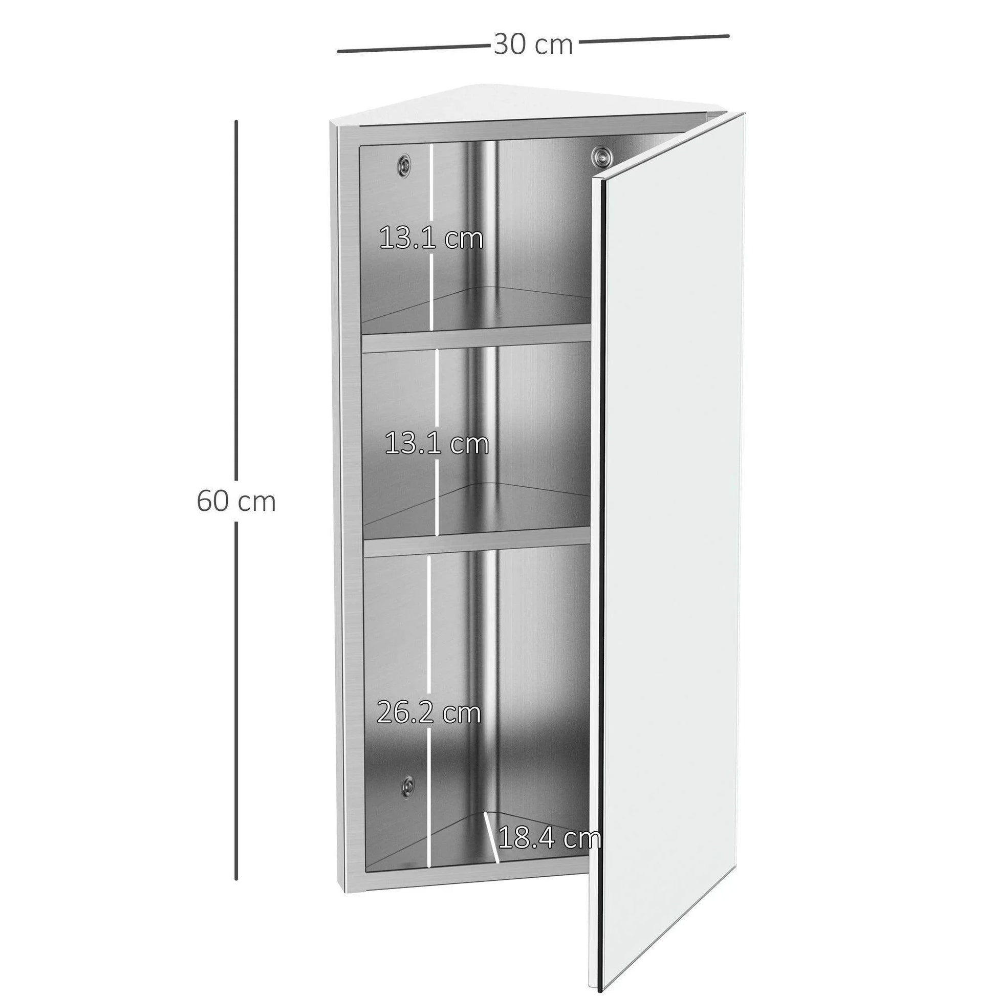 Corner bathroom mirror storage cabinet with single door and three shelves, stainless steel, 60x30 cm