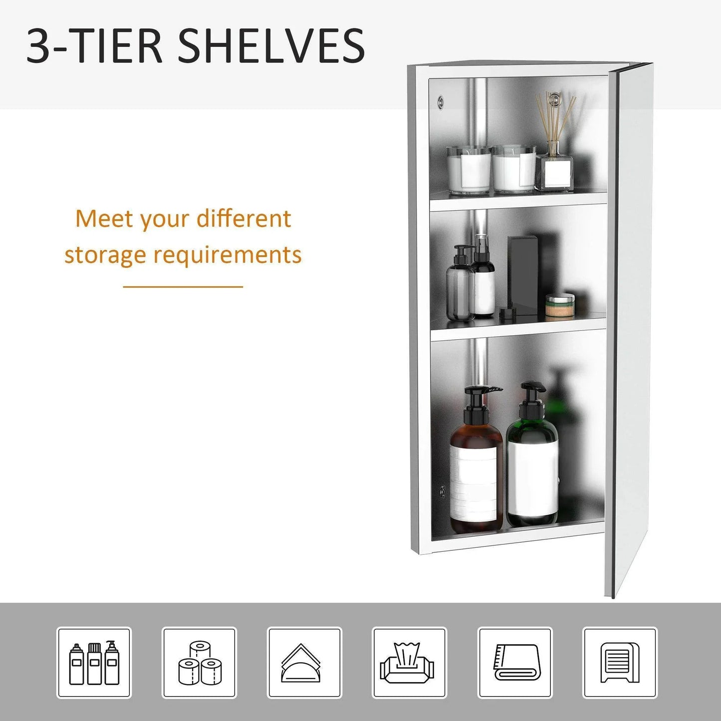HOMCOM bathroom mirror storage cabinet with single door and 3-tier shelves holding toiletries