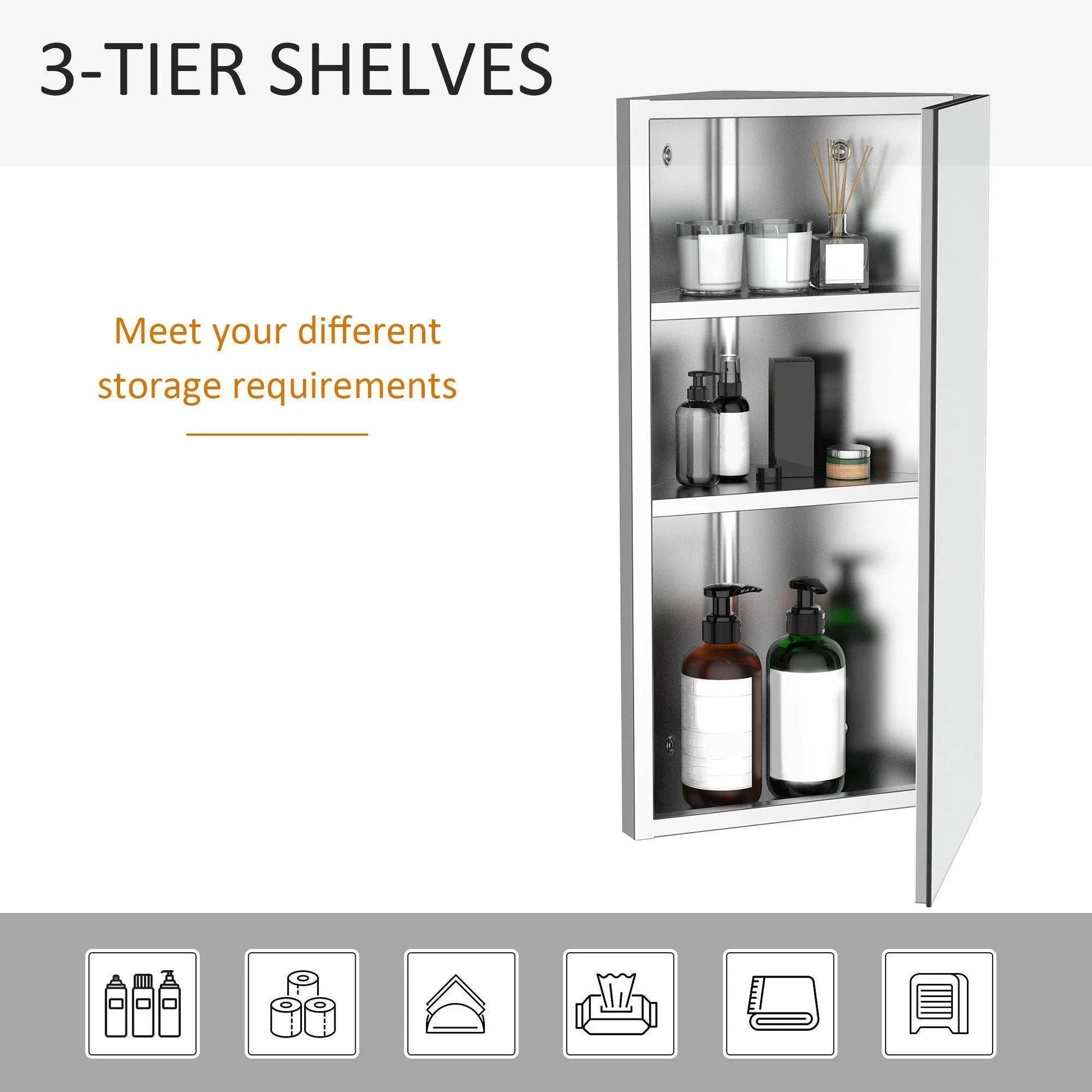 HOMCOM bathroom mirror storage cabinet with single door and 3-tier shelves holding toiletries