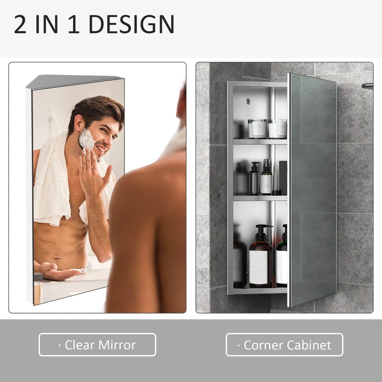 2-in-1 bathroom corner cabinet with clear mirror door and storage shelves with toiletries