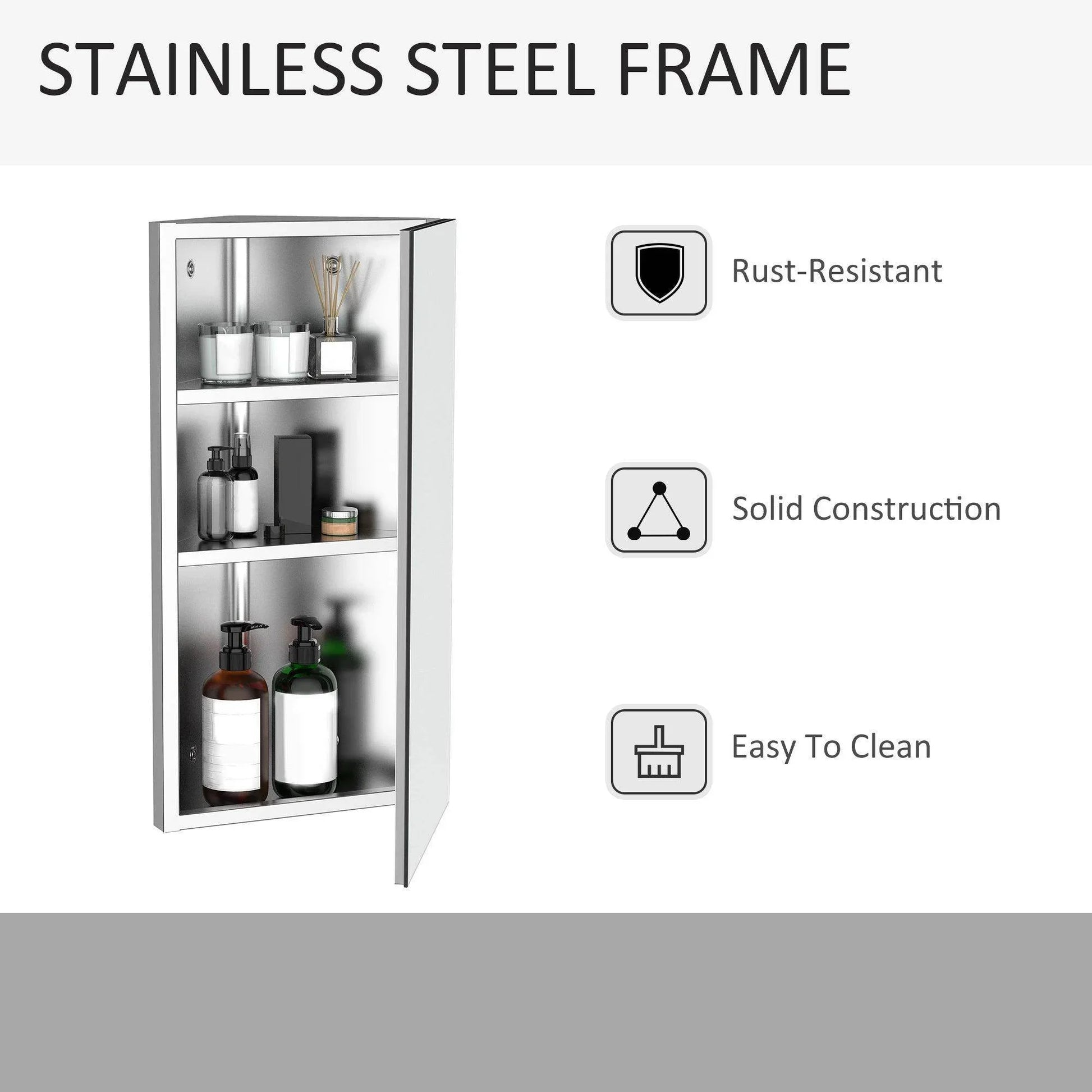 Stainless steel bathroom storage cabinet with single door, three shelves displaying toiletries, rust-resistant and easy to clean