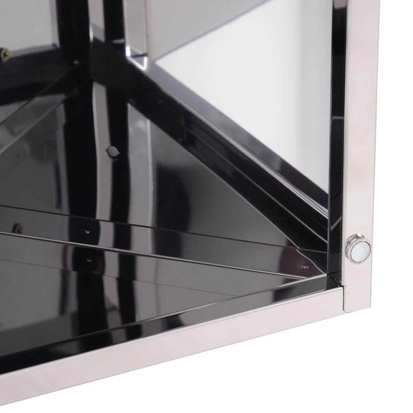 Close-up of sleek black and silver bathroom mirror storage cabinet corner with metal frame