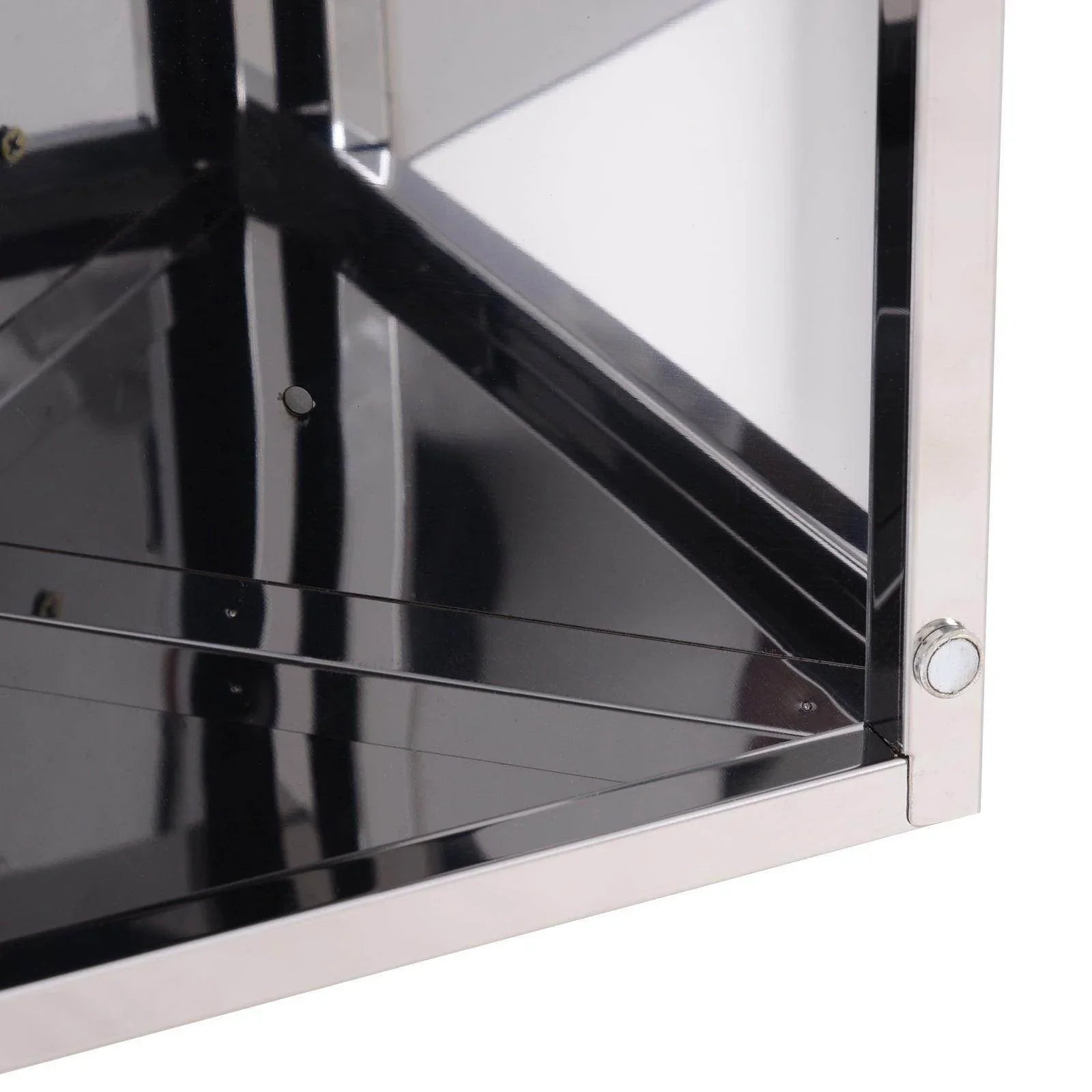 Close-up of sleek black and silver bathroom mirror storage cabinet corner with metal frame