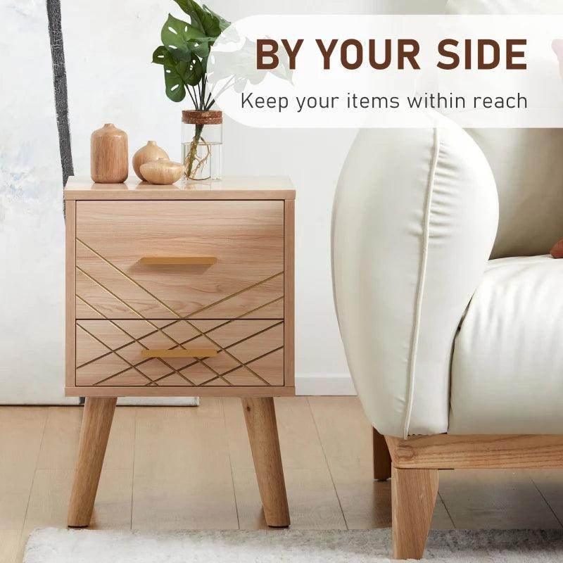 HOMCOM Bedside Cabinet - Scandinavian Bedside Table with Drawers and Wood Legs - Natural Wood Finish - ALL4U RETAILER LTD