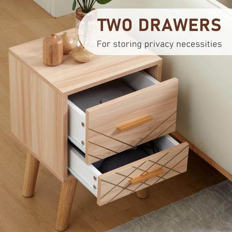 HOMCOM Bedside Cabinet - Scandinavian Bedside Table with Drawers and Wood Legs - Natural Wood Finish - ALL4U RETAILER LTD