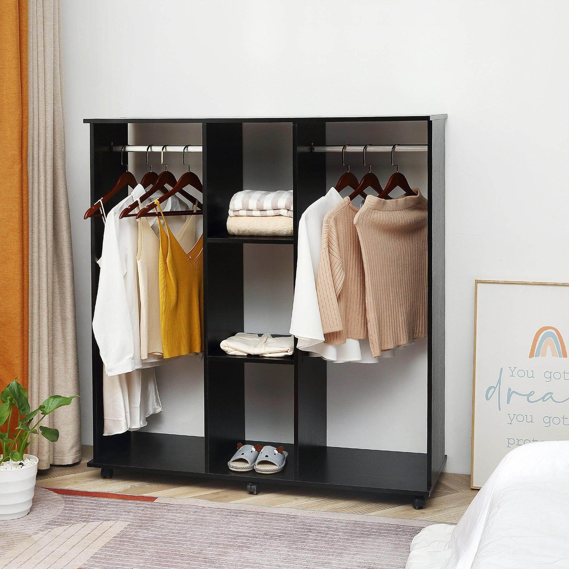 Black double open wardrobe with hanging rails and shelves holding clothes and slippers in a modern bedroom