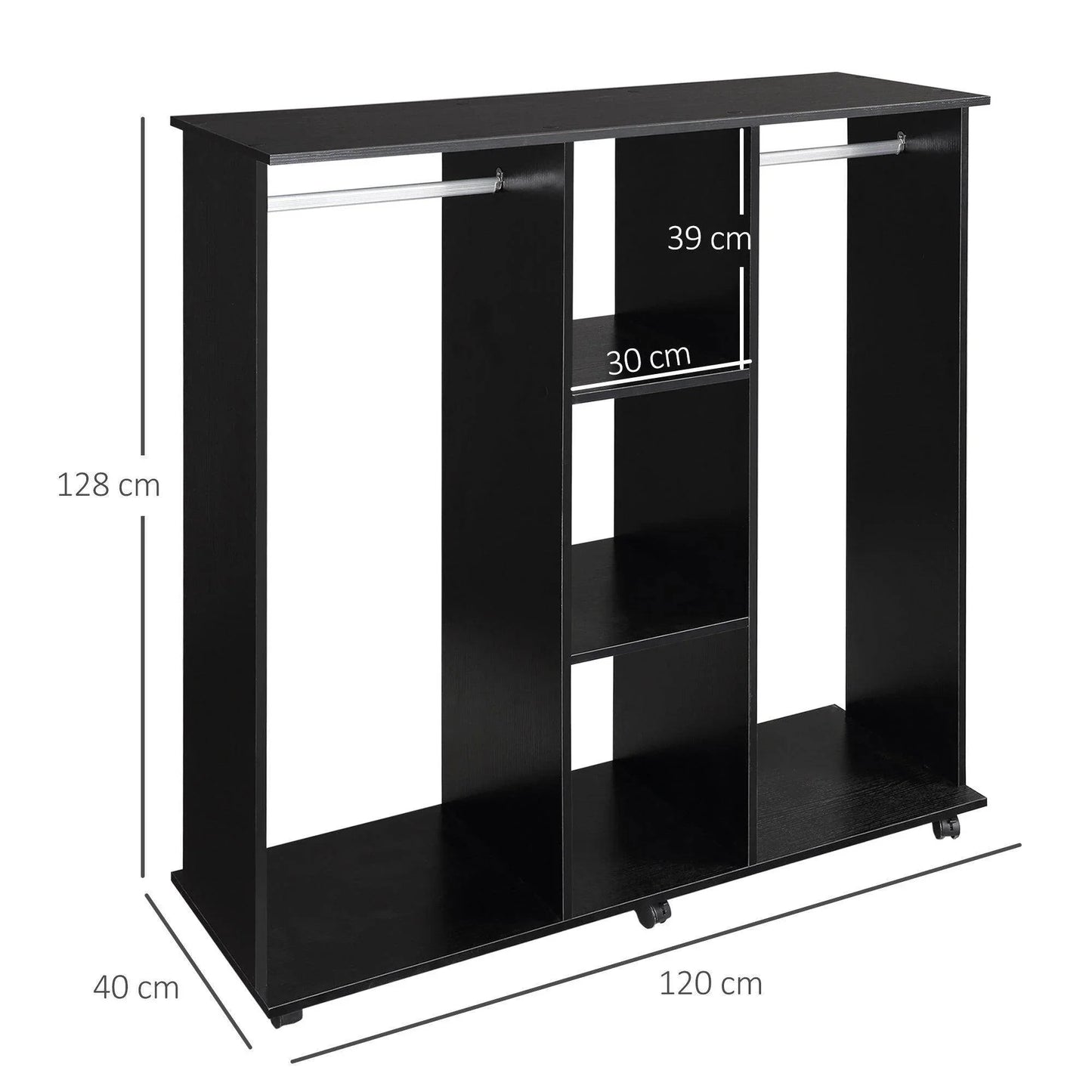 Black double wardrobe with two hanging rails and center shelves, measuring 128x120x40 cm
