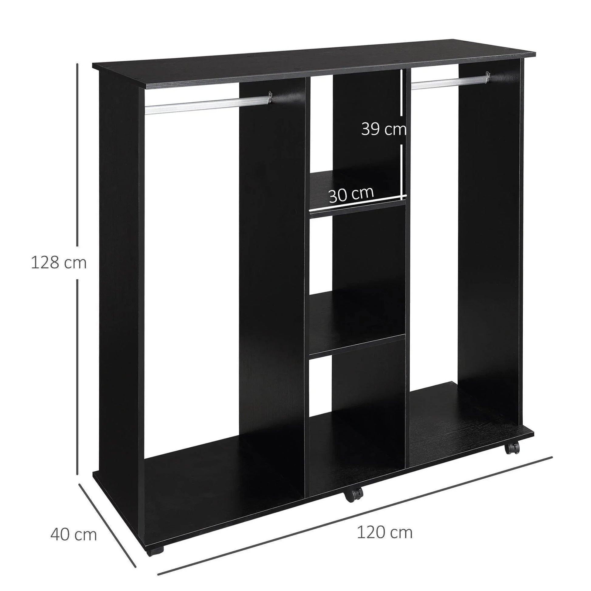 Black double wardrobe with two hanging rails and center shelves, measuring 128x120x40 cm