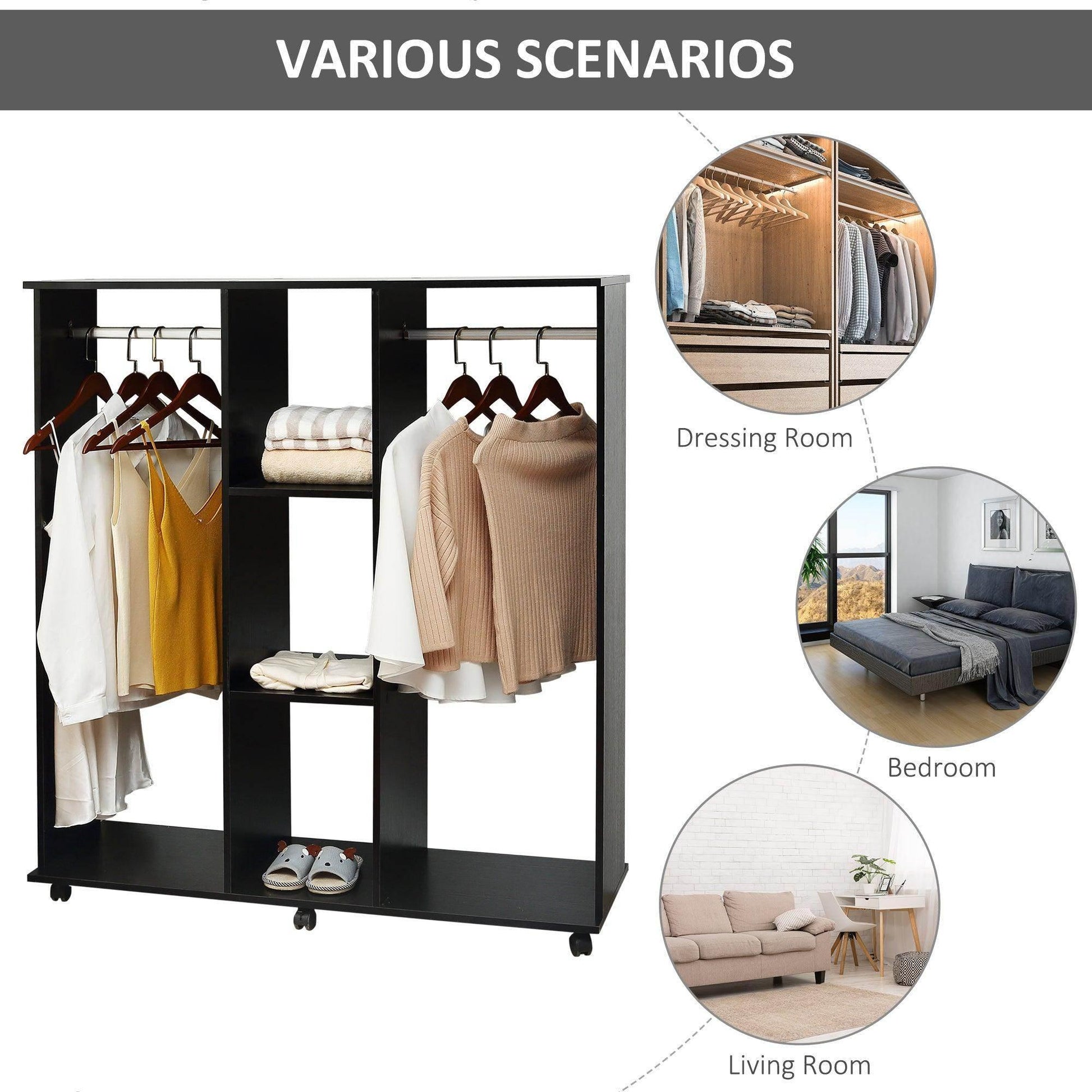 Black double open wardrobe with clothes hanging on rails and shelves, suitable for dressing room, bedroom, or living room