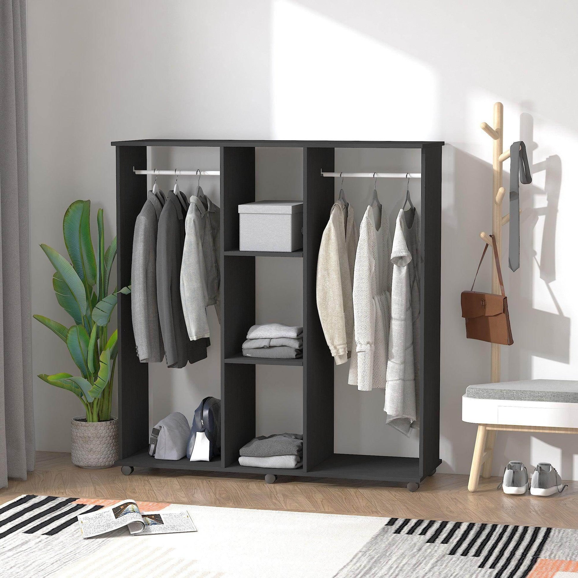 Black double open wardrobe with hanging rails holding jackets and shirts, shelves with folded clothes, in a modern room with plant, coat rack, bench, and striped rug