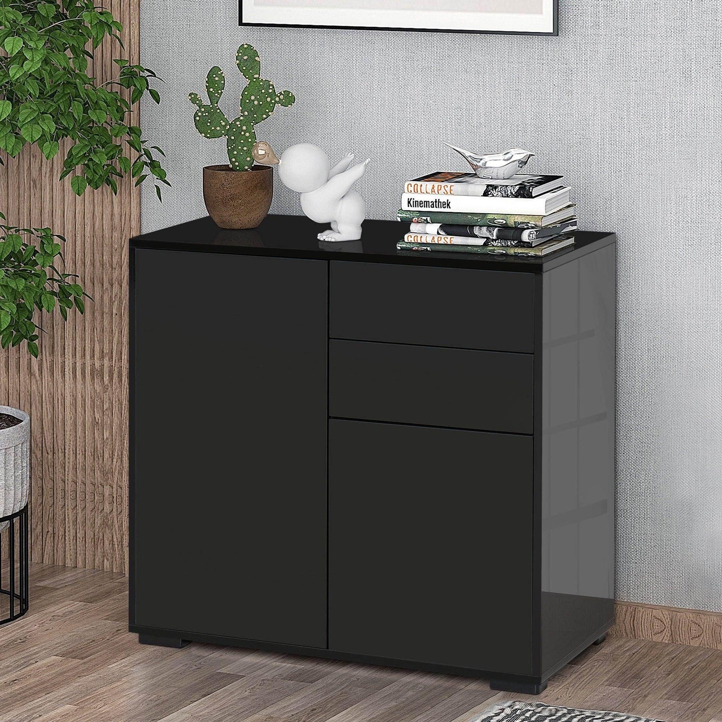 HOMCOM Black High Gloss Sideboard - Stylish 2-Drawer Cabinet - ALL4U RETAILER LTD