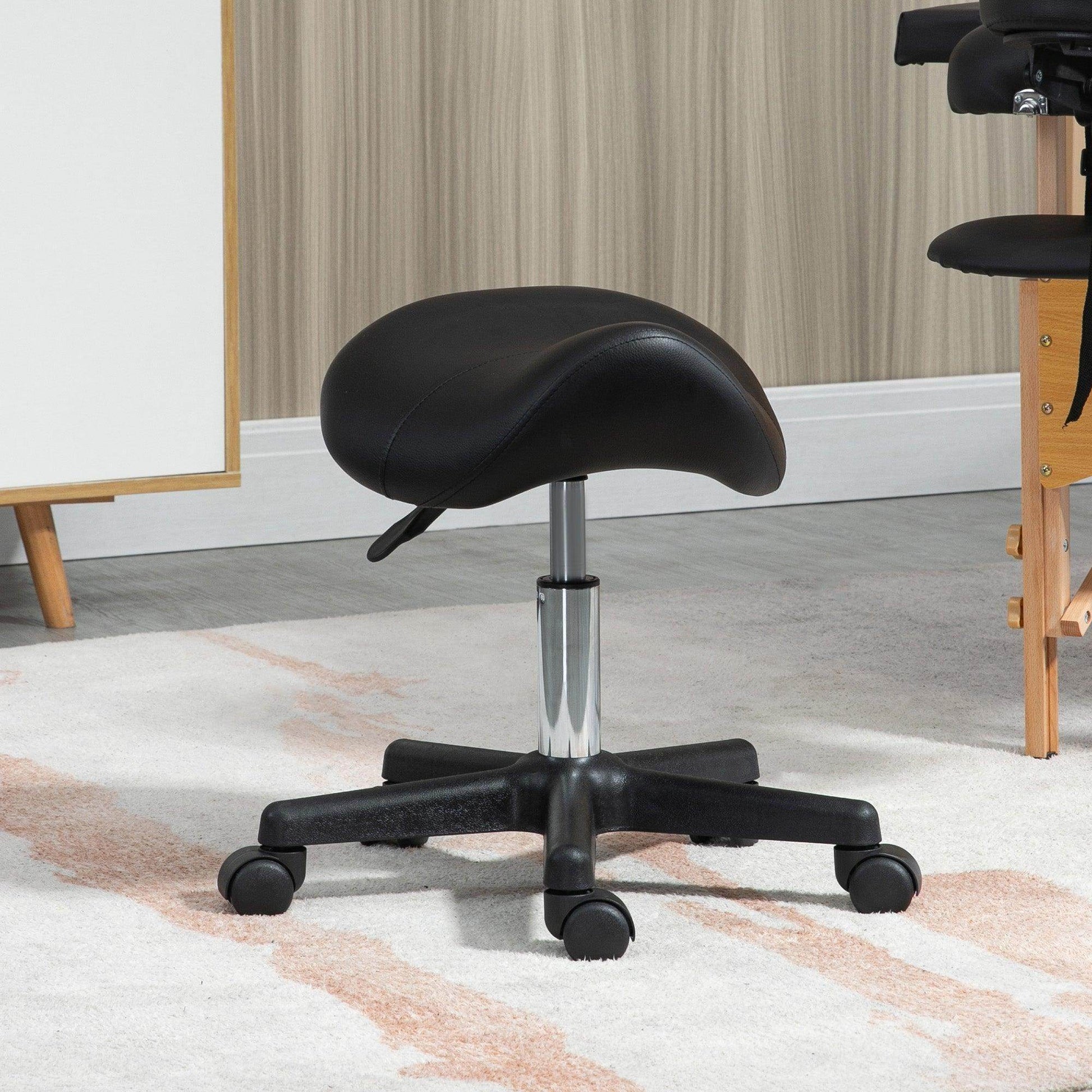 HOMCOM Black Leather Salon Stool with Adjustable Height - ALL4U RETAILER LTD