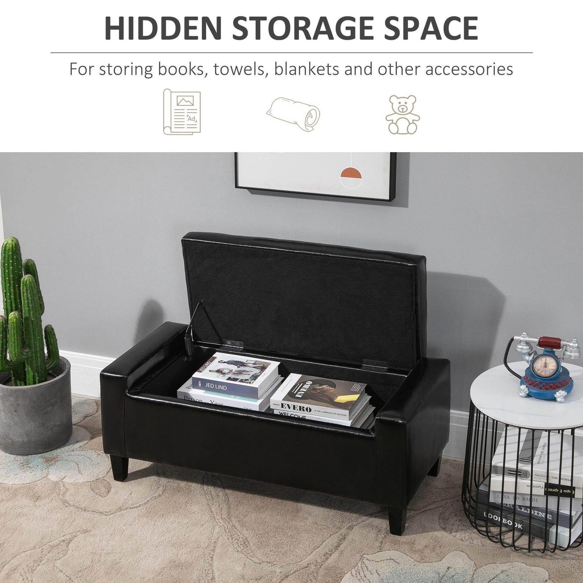 HOMCOM Black Ottoman Storage Bench - 92L x 40W x 40H cm - ALL4U RETAILER LTD