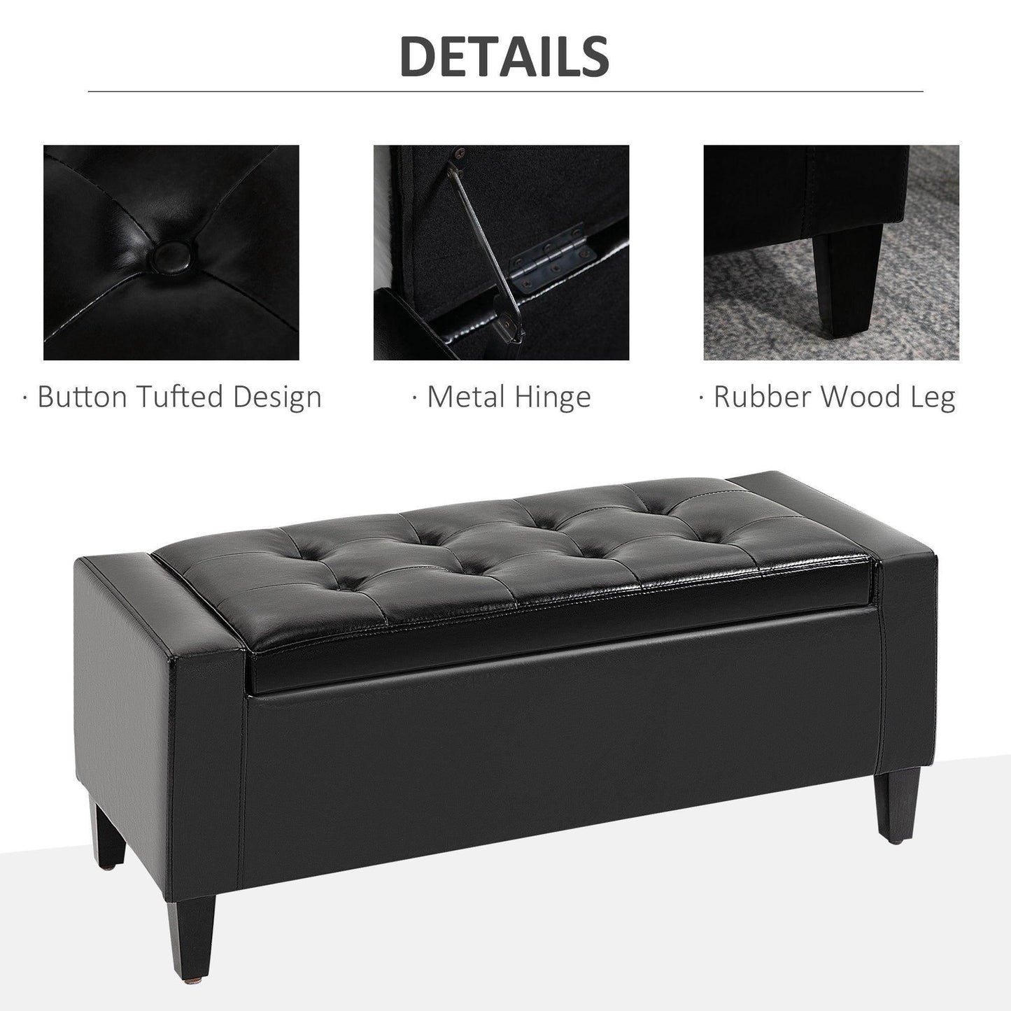 HOMCOM Black Ottoman Storage Bench - 92L x 40W x 40H cm - ALL4U RETAILER LTD