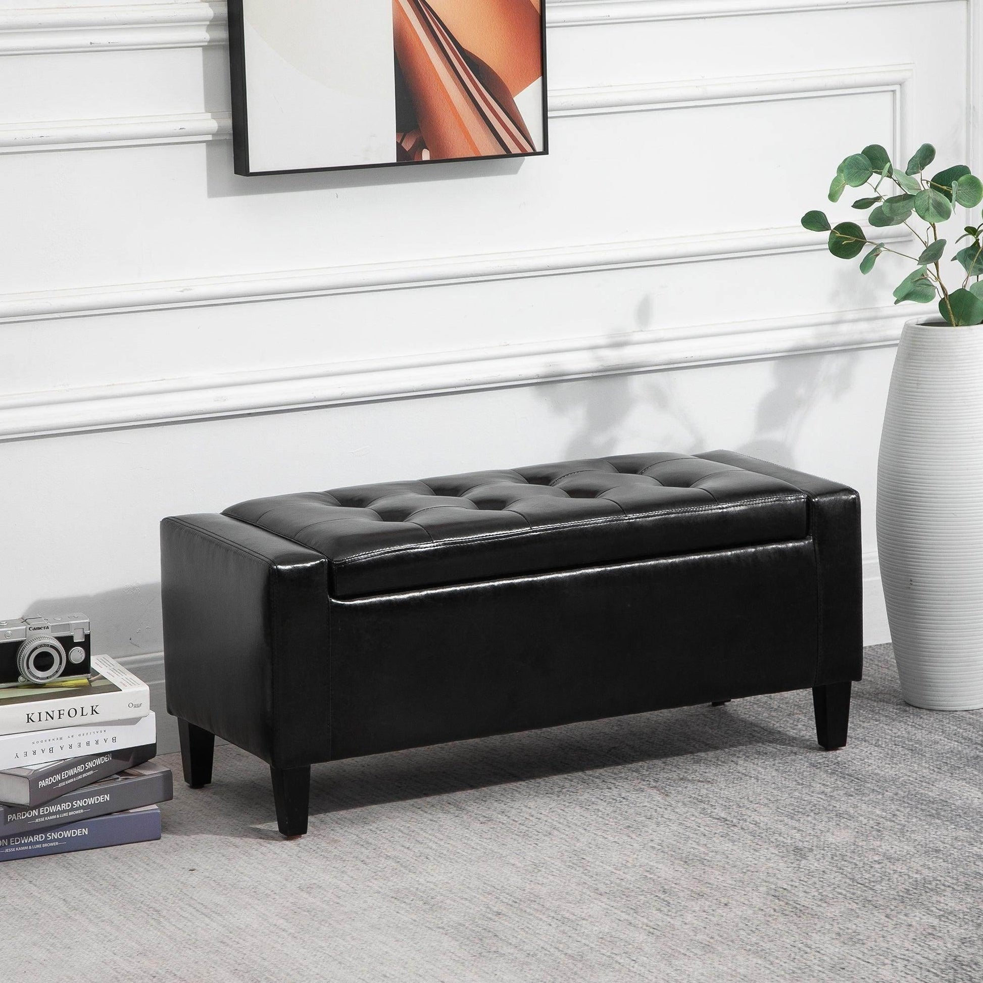 HOMCOM Black Ottoman Storage Bench - 92L x 40W x 40H cm - ALL4U RETAILER LTD