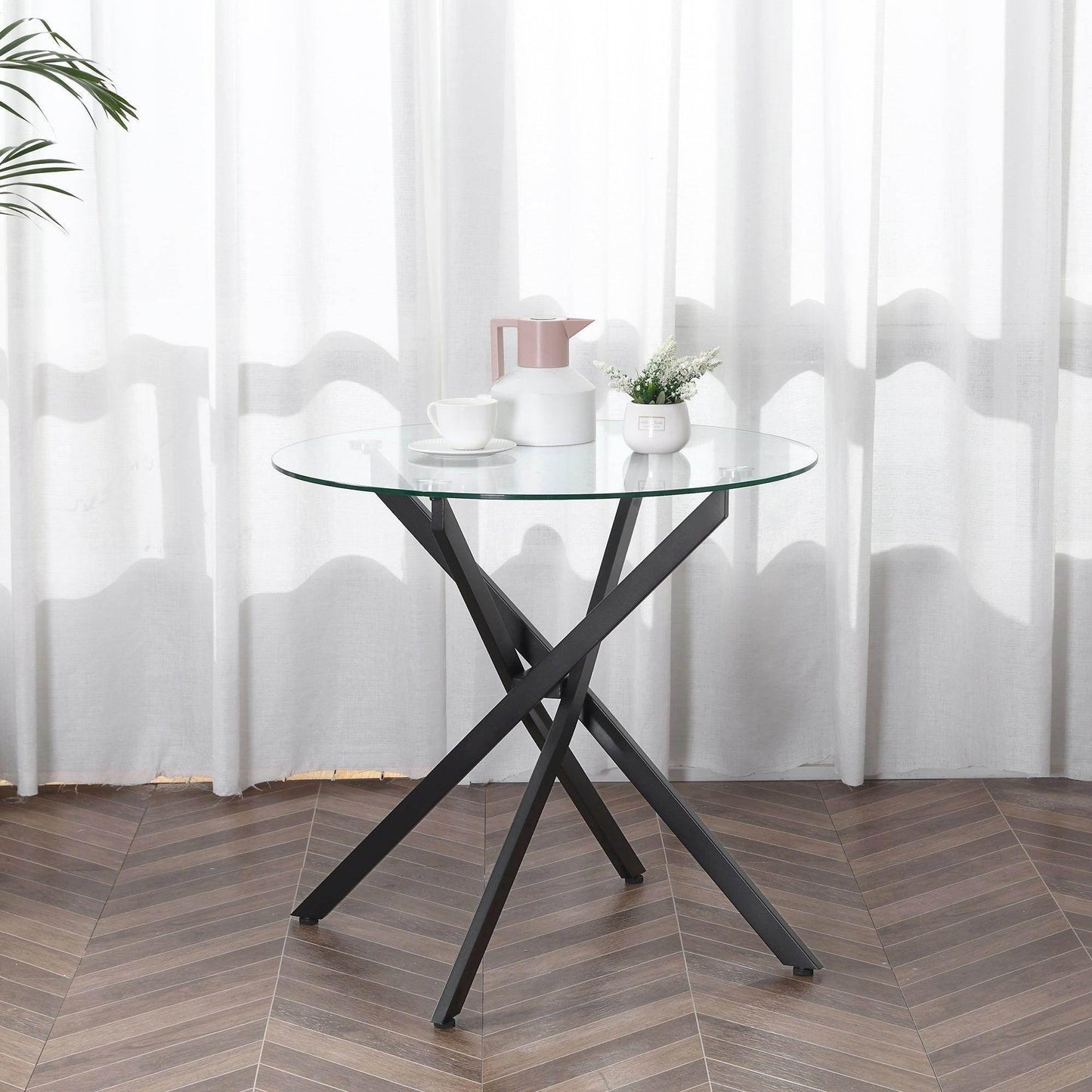 HOMCOM Black Round Glass Top Table - ALL4U RETAILER LTD