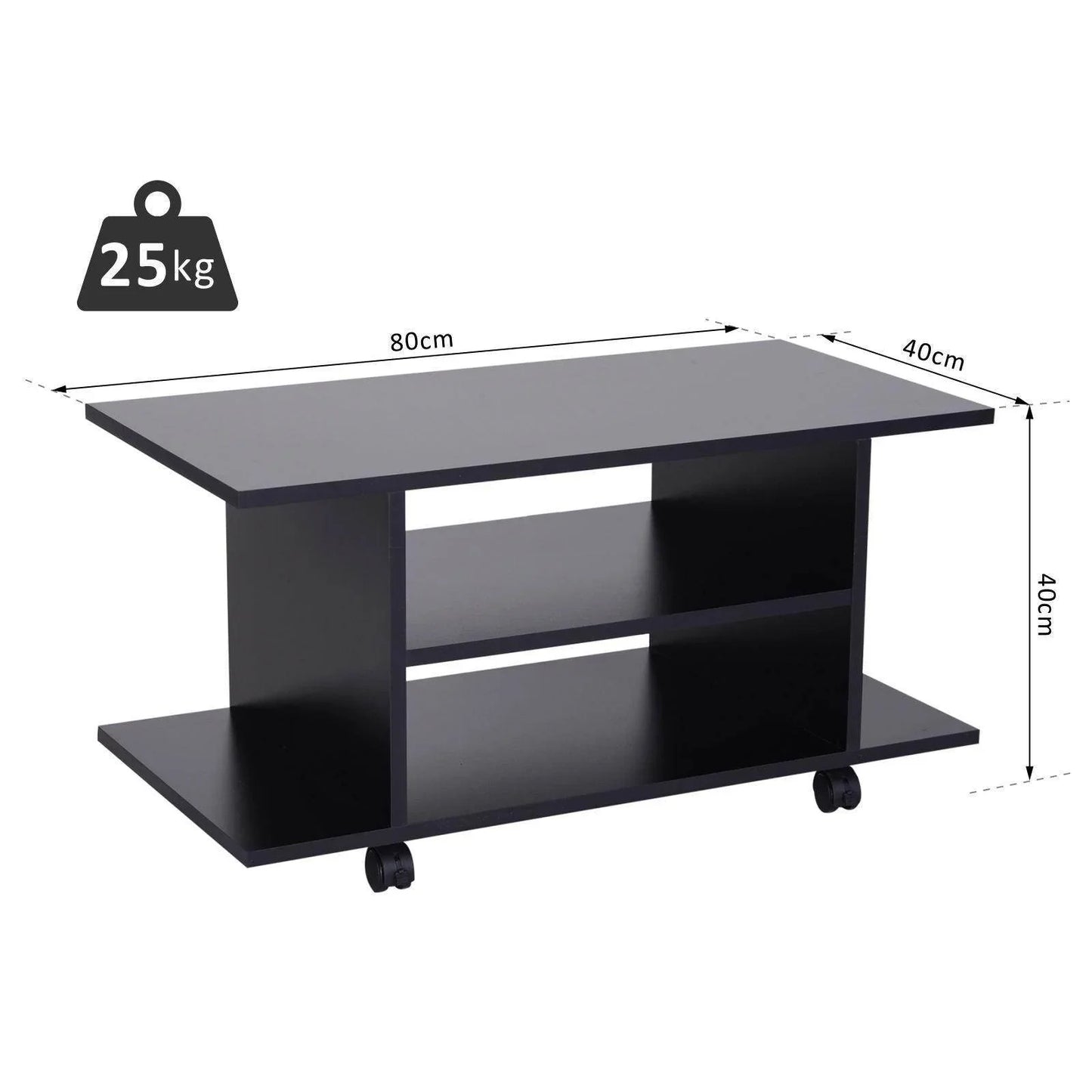 Black TV stand with shelves on wheels measuring 80x40x40cm, supports up to 25kg