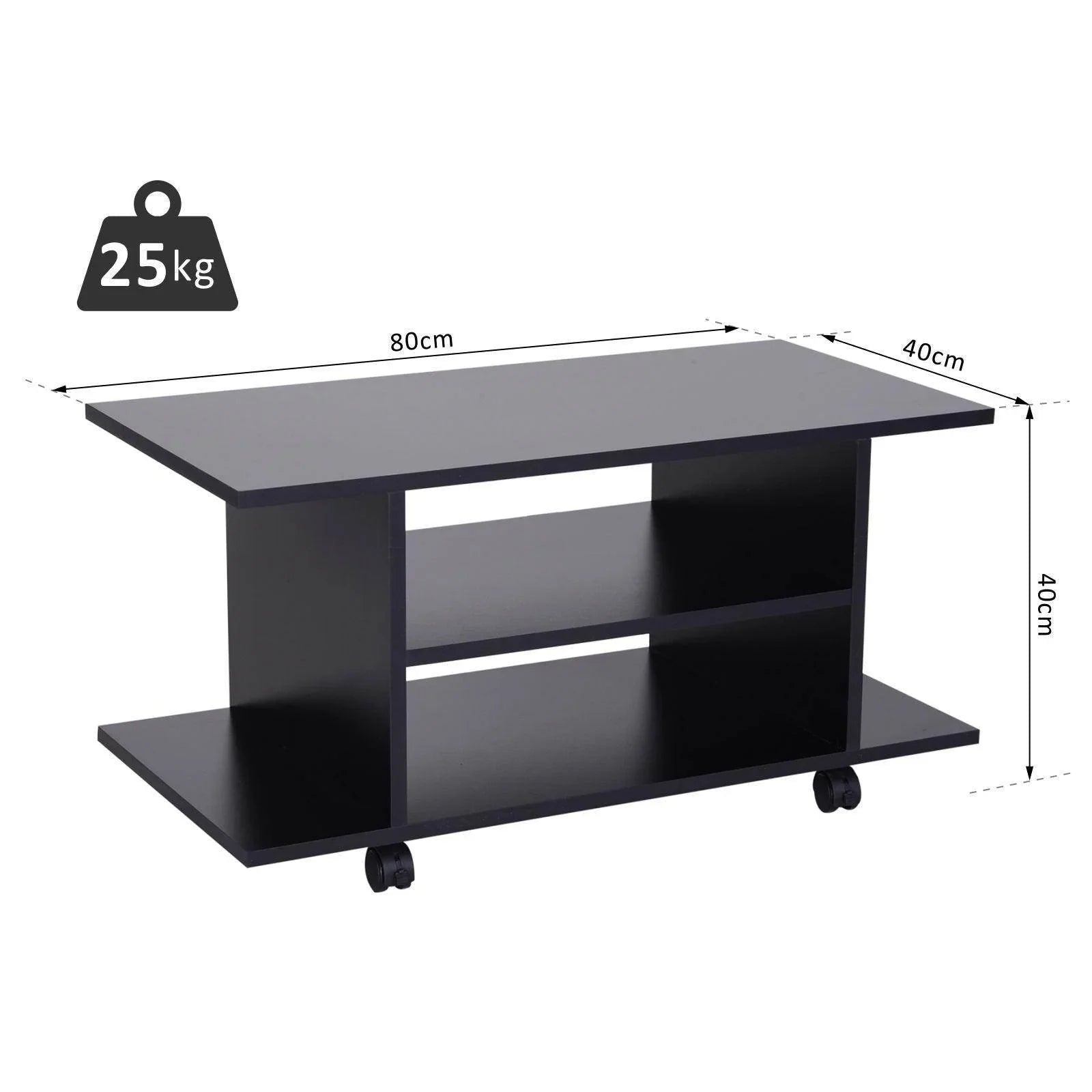 Black TV stand with shelves on wheels measuring 80x40x40cm, supports up to 25kg