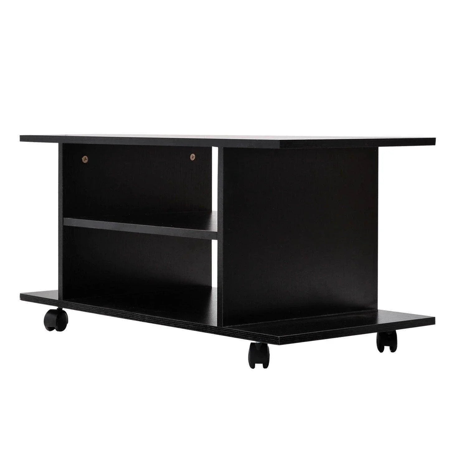 Black modern TV stand with open storage shelves on castor wheels