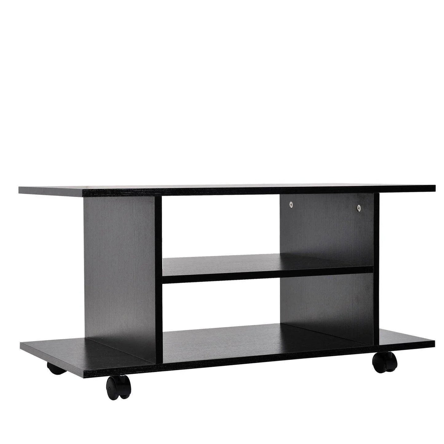 Black modern TV stand with open shelves and caster wheels, ideal for home entertainment rooms
