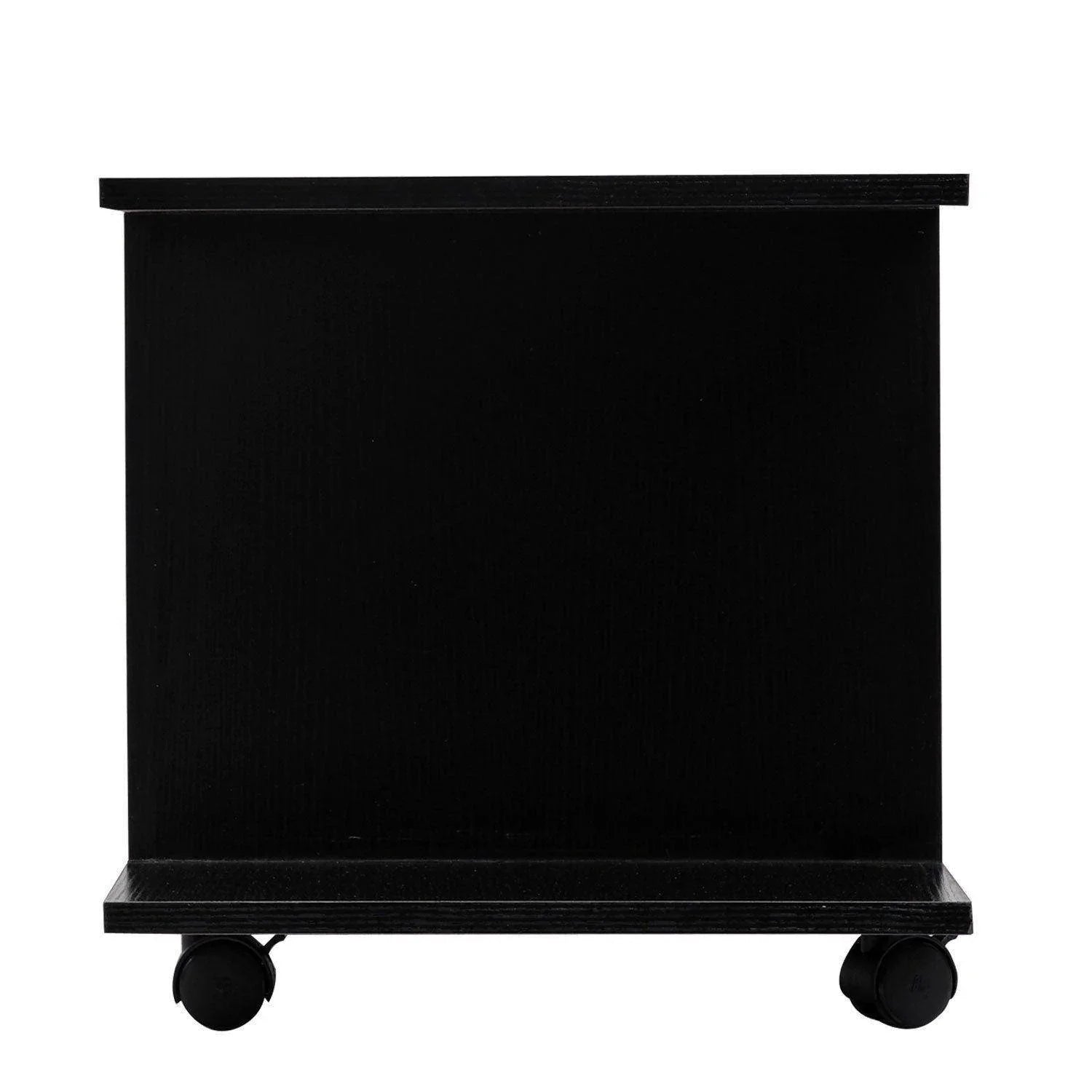 Black wooden TV stand with shelves and caster wheels for easy mobility from All4U Retailer Ltd