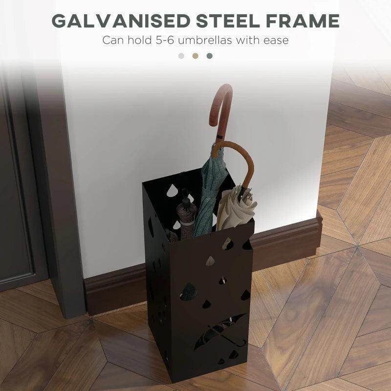 HOMCOM Dark Grey Square Freestanding Umbrella Stand with 4 Hooks and Drip Tray - Entryway Hallway Organizer for Stylish Storage. - ALL4U RETAILER LTD