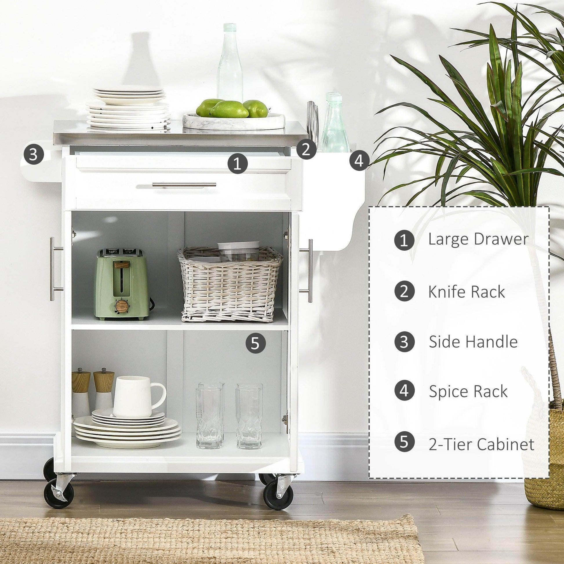 HOMCOM Freestanding Kitchen Island on Wheels with Stainless Steel Top - ALL4U RETAILER LTD
