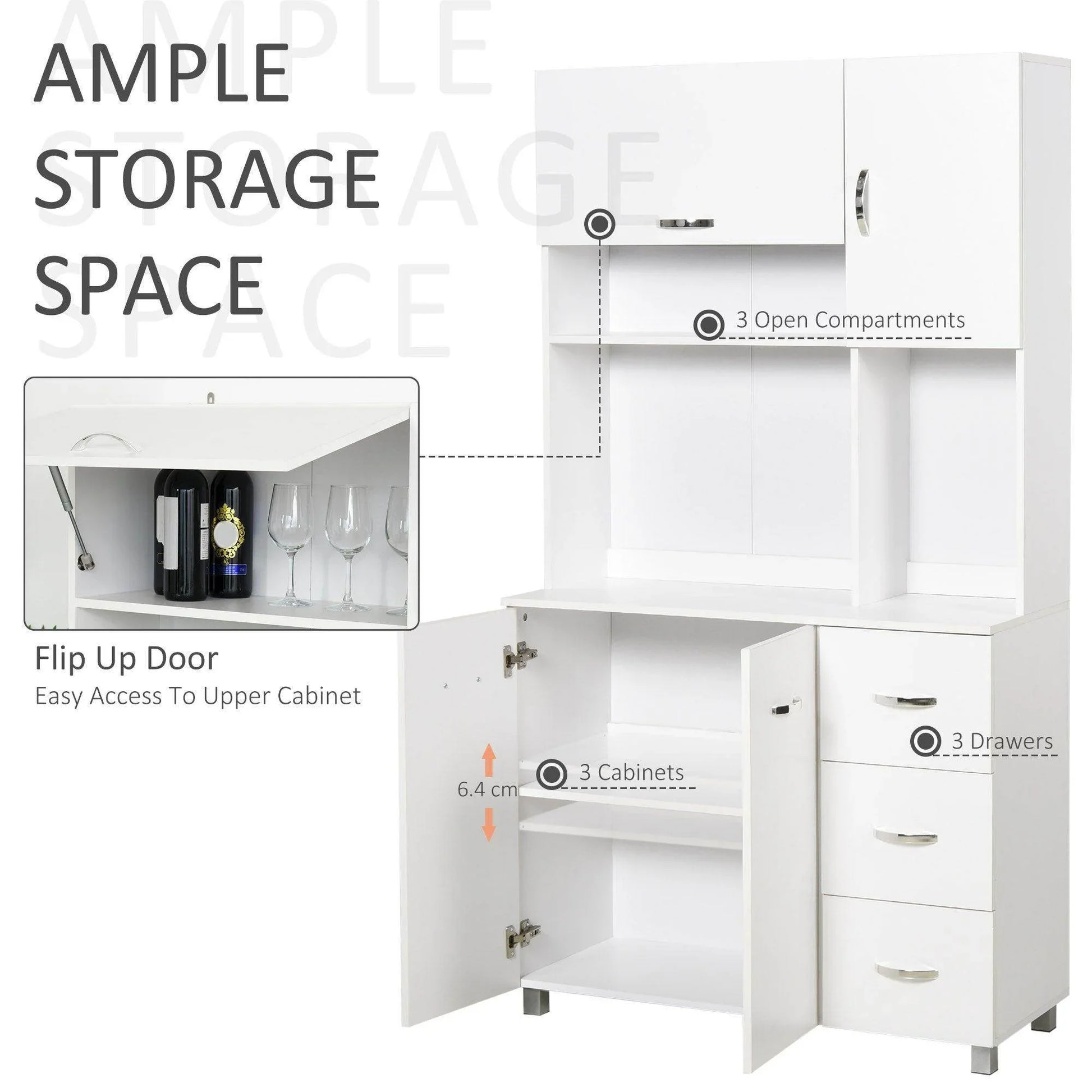 HOMCOM Freestanding Kitchen Storage Unit with Cupboard - White - ALL4U RETAILER LTD