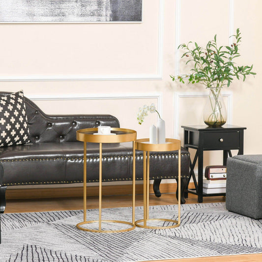 HOMCOM Gold Metal Nesting Coffee Tables with Marble Color Tabletop - ALL4U RETAILER LTD