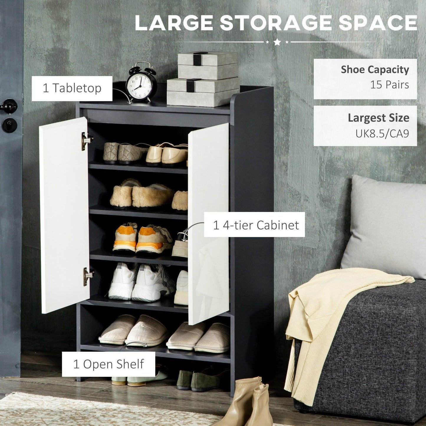 HOMCOM Gray Shoe Cabinet with Gloss White Doors and Shelves - ALL4U RETAILER LTD