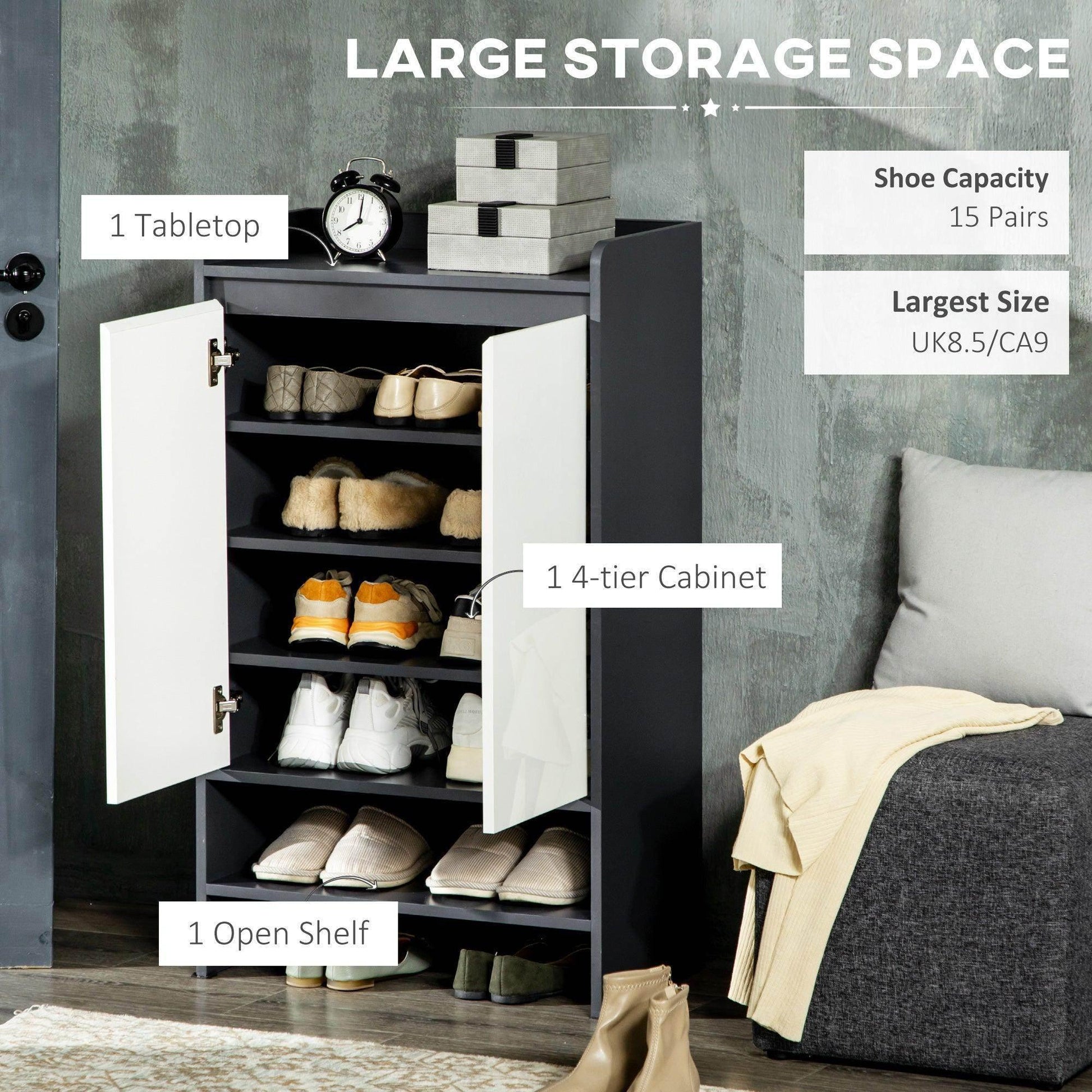 HOMCOM Gray Shoe Cabinet with Gloss White Doors and Shelves - ALL4U RETAILER LTD