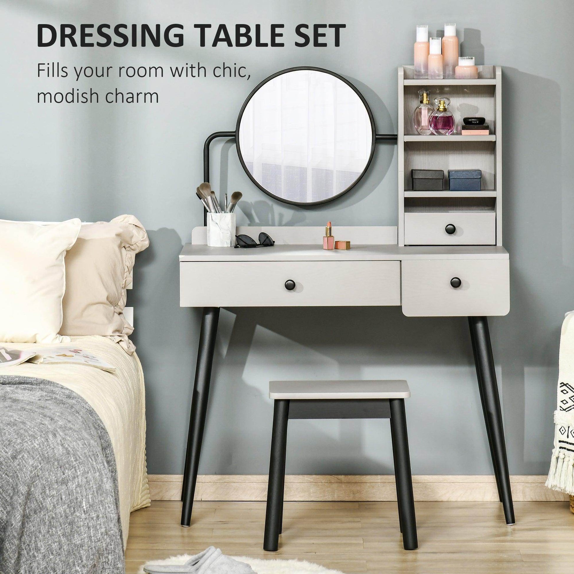 HOMCOM Grey Dressing Table Set - Elegant and Functional - ALL4U RETAILER LTD
