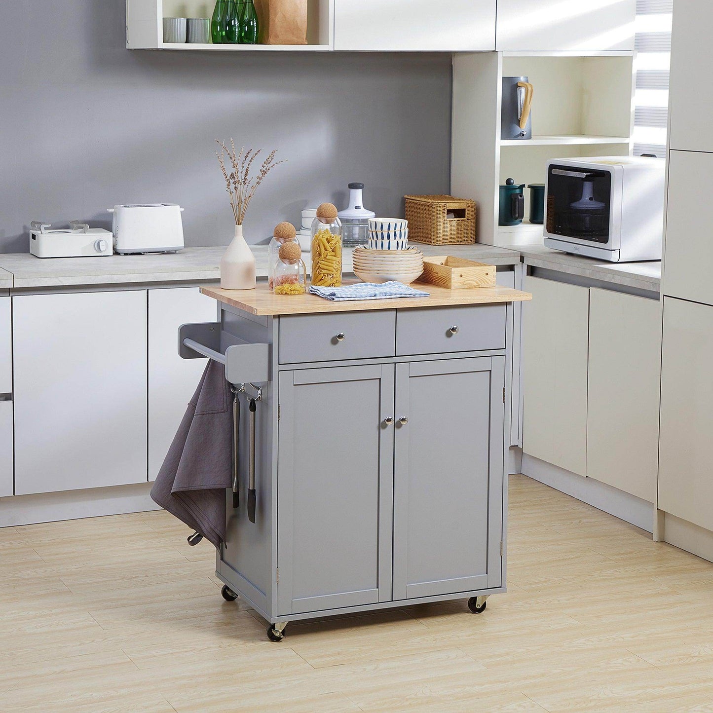 HOMCOM Grey Rolling Kitchen Island with Rubber Wood Top - ALL4U RETAILER LTD