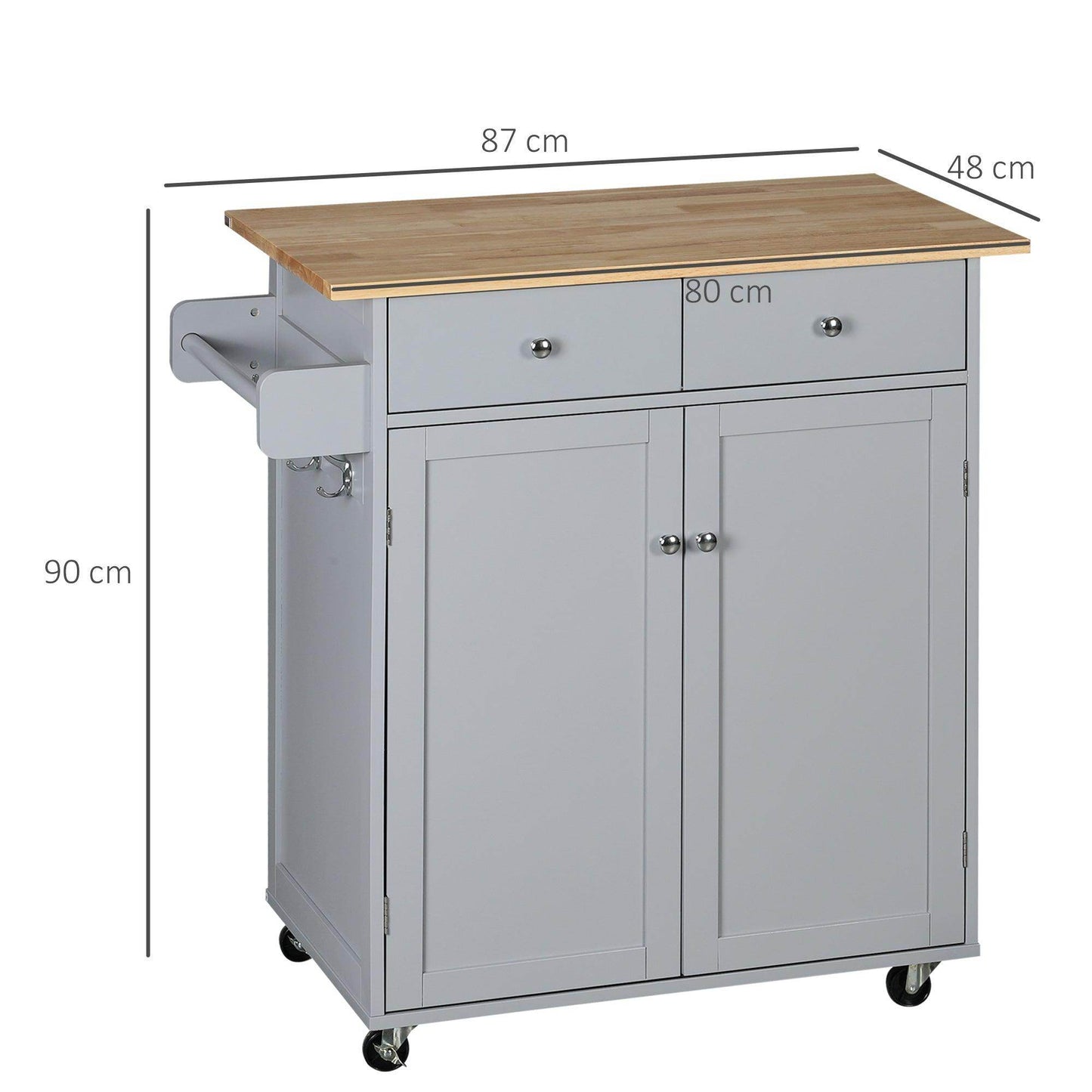 HOMCOM Grey Rolling Kitchen Island with Rubber Wood Top - ALL4U RETAILER LTD