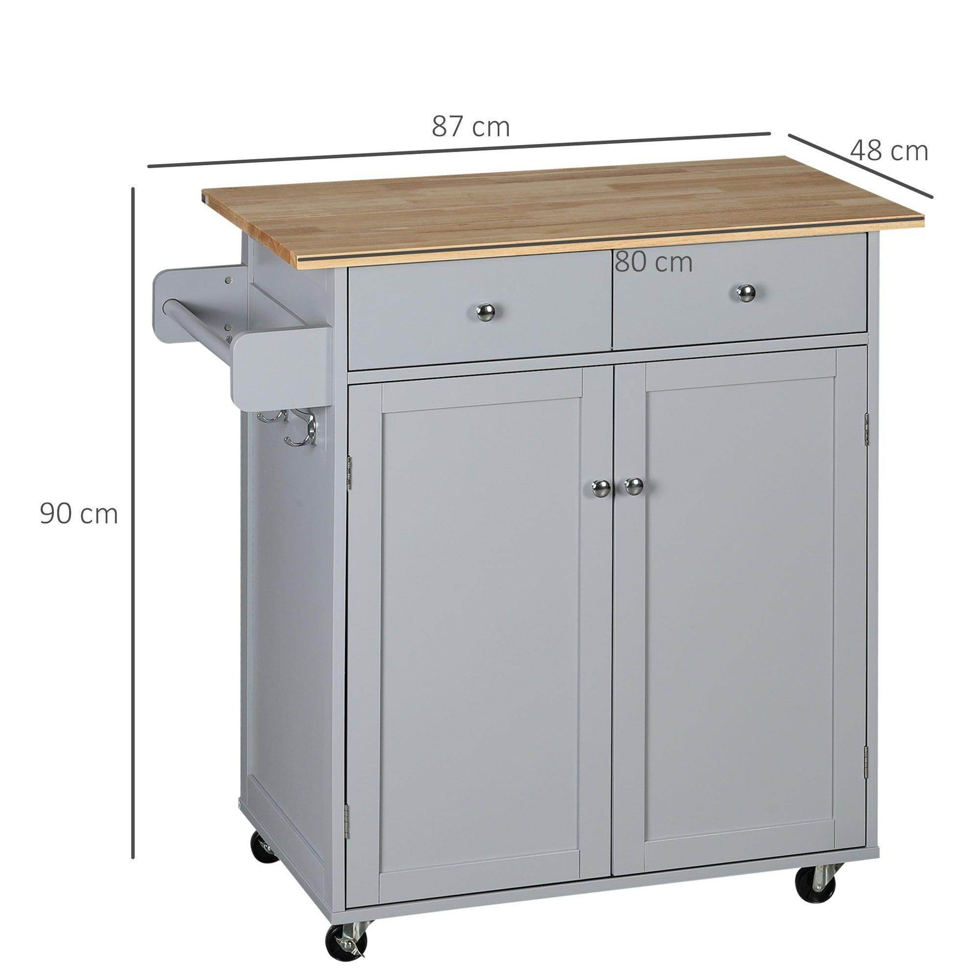HOMCOM Grey Rolling Kitchen Island with Rubber Wood Top - ALL4U RETAILER LTD